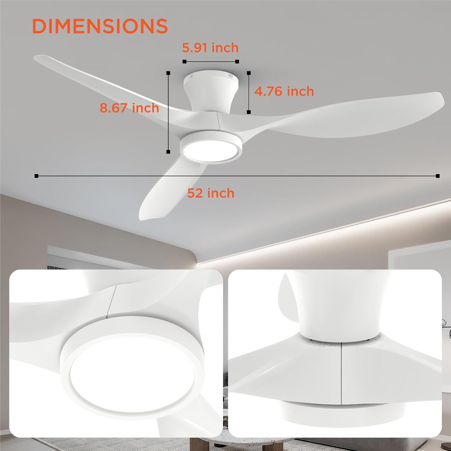 Thumbnail 5 de TALOYA 52-Inch Flush-Mount Ceiling Fan with Light, Remote, and Reversible DC Motor