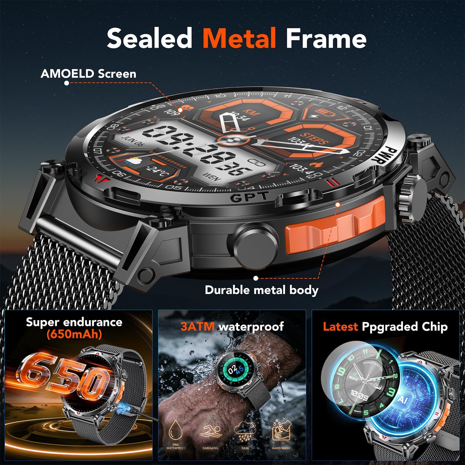 Thumbnail 3 de Montre connectée GPS homme AMOLED 1,7" Amoeld avec boussole, altimètre, baromètre et appels Bluetooth