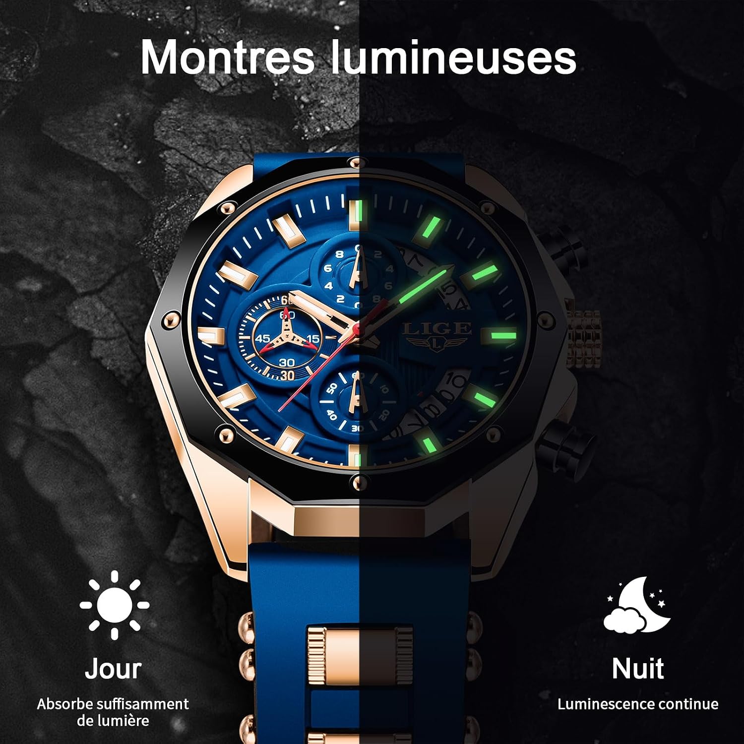 Thumbnail 4 de LIGE Montre Homme Vintage Chronographe – Or Rose Bleu, 3ATM