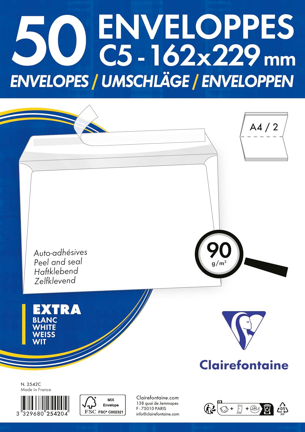 Thumbnail 2 de Clairefontaine 2542C – Confezione da 50 Buste Bianche C5 autoadesive 162x229 mm