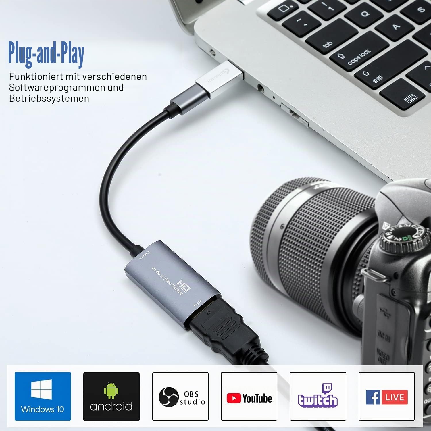 Detalle de Guermok 4K USB 3.0 HDMI Capture Card mit USB‑C Anschluss – 1080P60 / 2K30