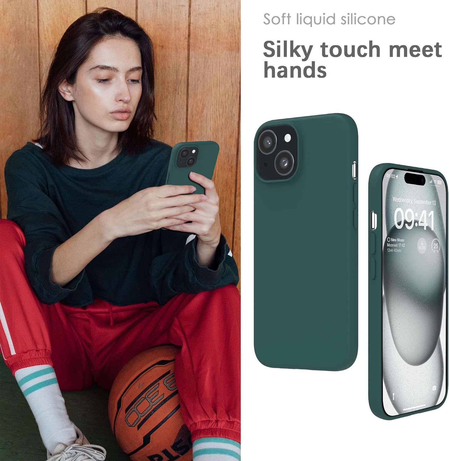 Detalle 2 de YATWIN Silicone Case for iPhone 15 in Dark Green – Soft-Touch, Shockproof