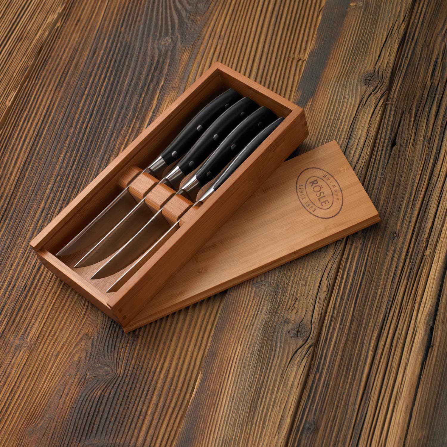 Detalle de RÖSLE Steakmesser-Set 4-tlg. – hochwertiges Steakmesser-Set aus Klingenspezialstahl mit Holzbox