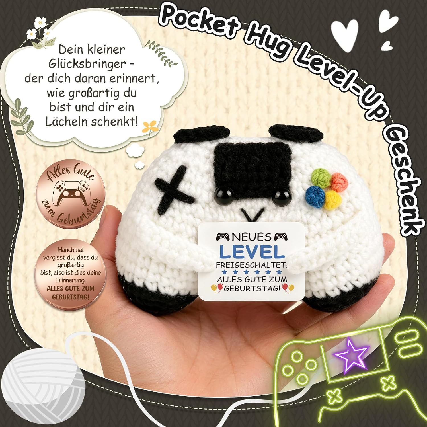 Detalle de Giftota Pocket Hug Gamepad – handgehäkeltes Geburtstagsgeschenk für Gamer