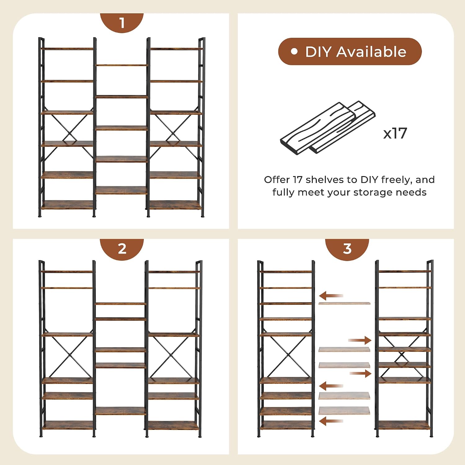 Detalle de SUPERJARE ABC003Z Triple Bookshelf, 17 Adjustable Shelves, 6-Tier Brown