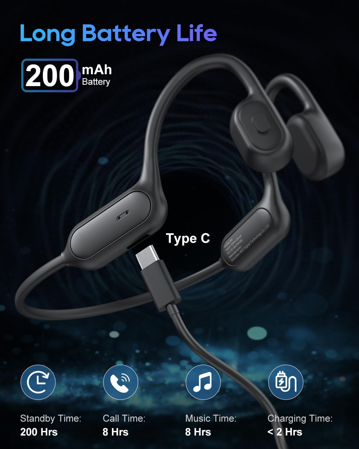 Detalle de CERMENK Bone Conduction Headphones: Open-Ear Wireless Headset with Mic, IPX5, 8‑Hour Battery