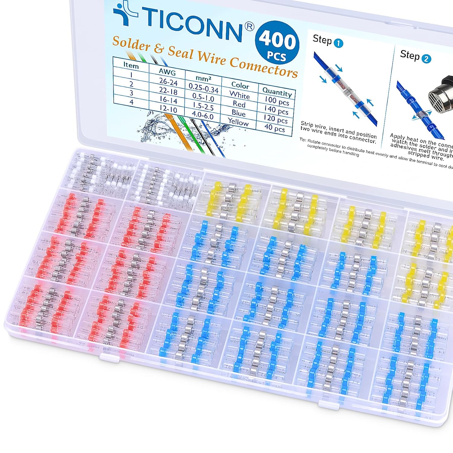 Detalle de TICONN TICONN - 210 Solder Seal Wire Connectors, 400-Piece Heat-Shrink Kit