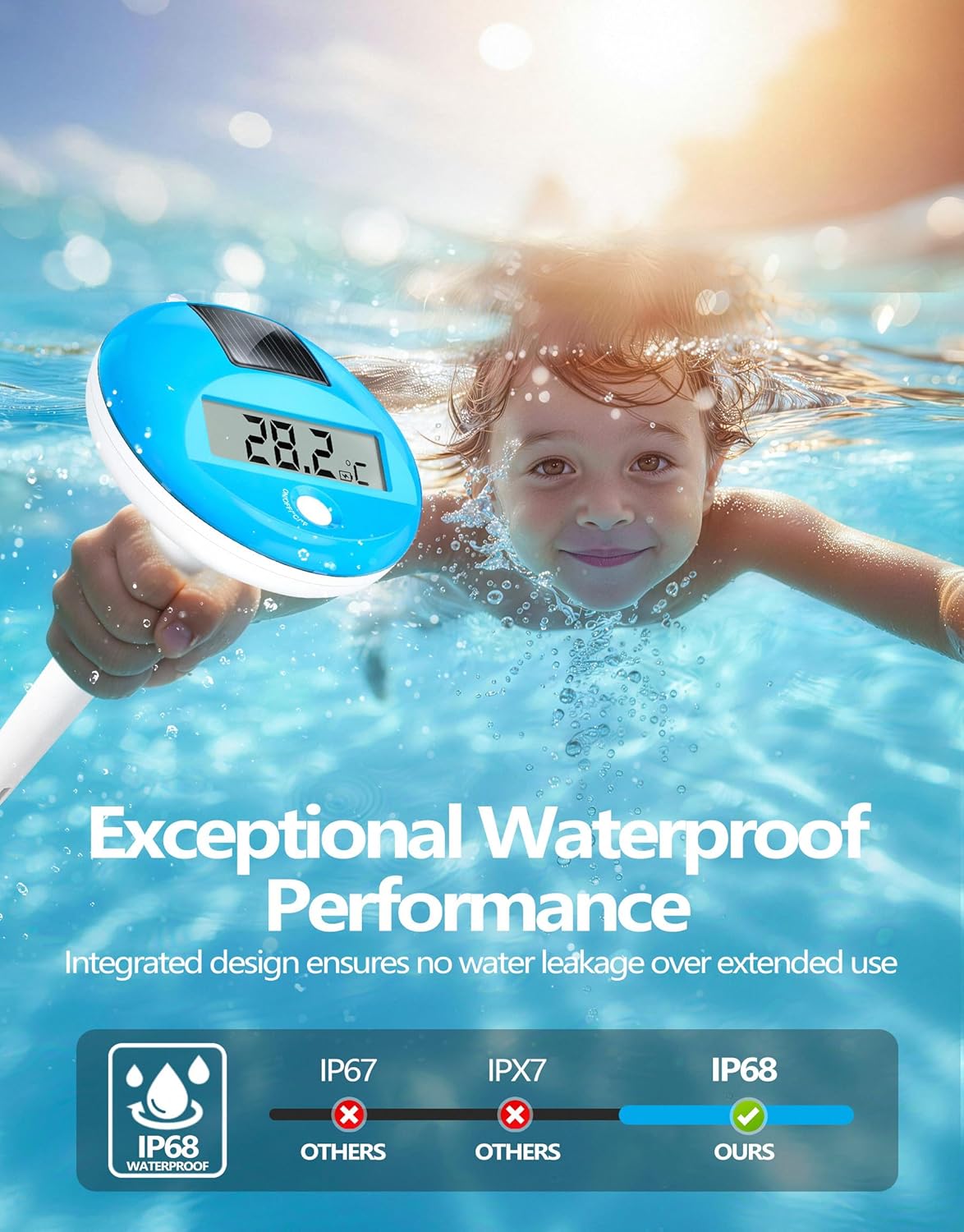 Detalle de PoolLeader Thermomètre Piscine Flottant avec Écran LCD – Charge Solaire et Étanchéité IP68