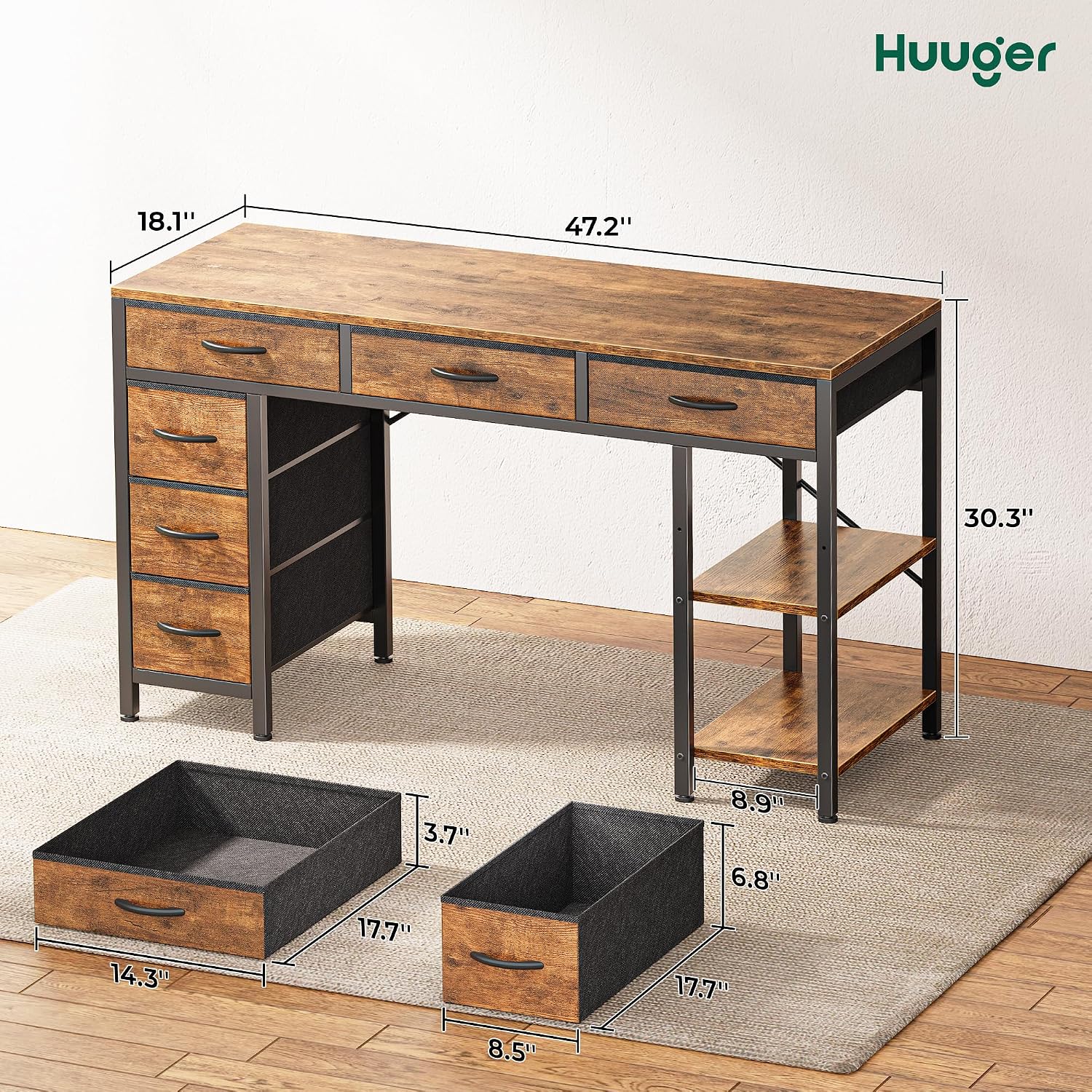 Thumbnail 2 de Huuger Computer Desk with 6 Drawers, Reversible Shelves, Rustic Brown, 47-Inch