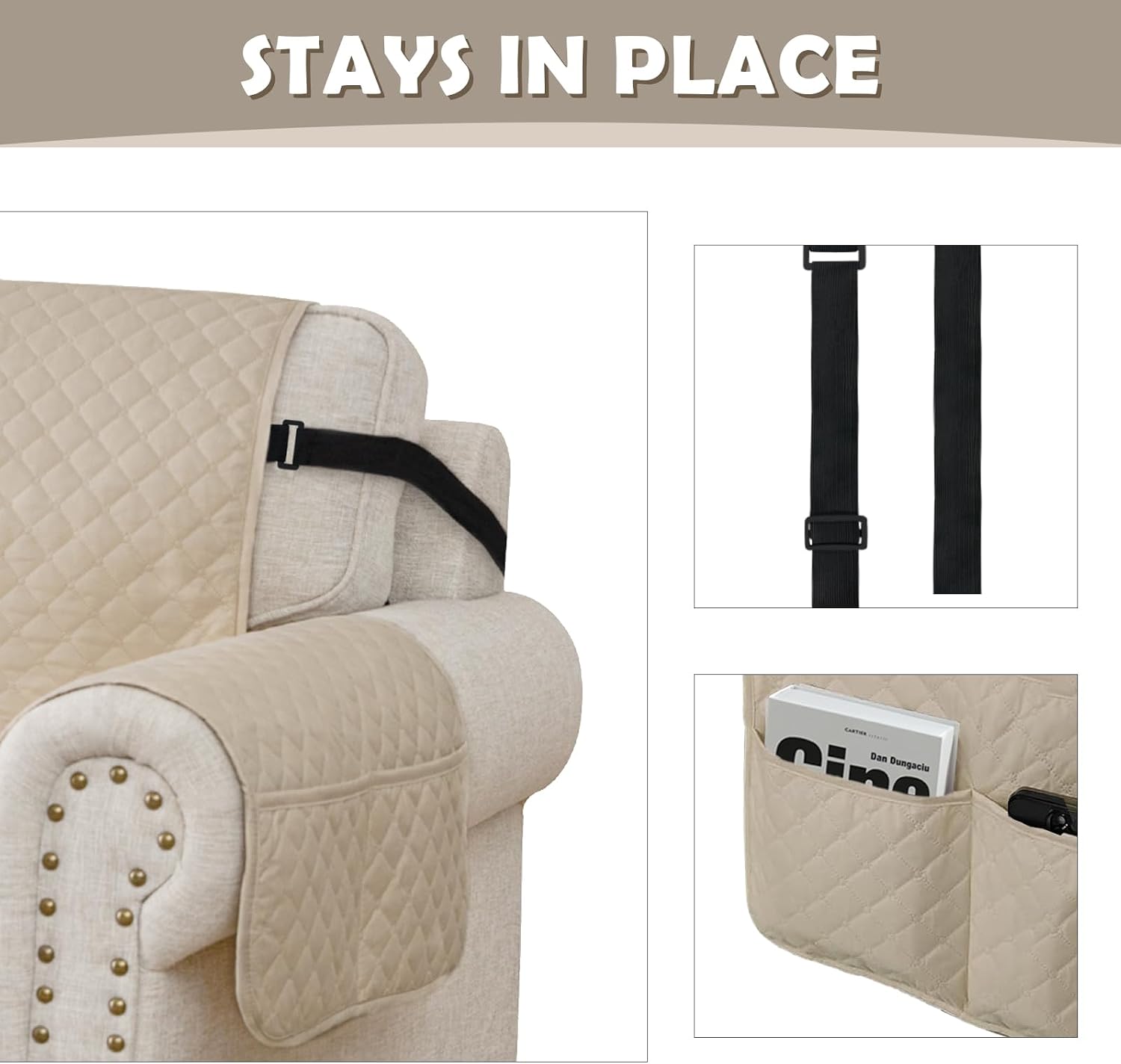 Detalle 2 de Lydevo copridivano impermeabile trapuntato 4 posti beige con braccioli e protezione antigraffio