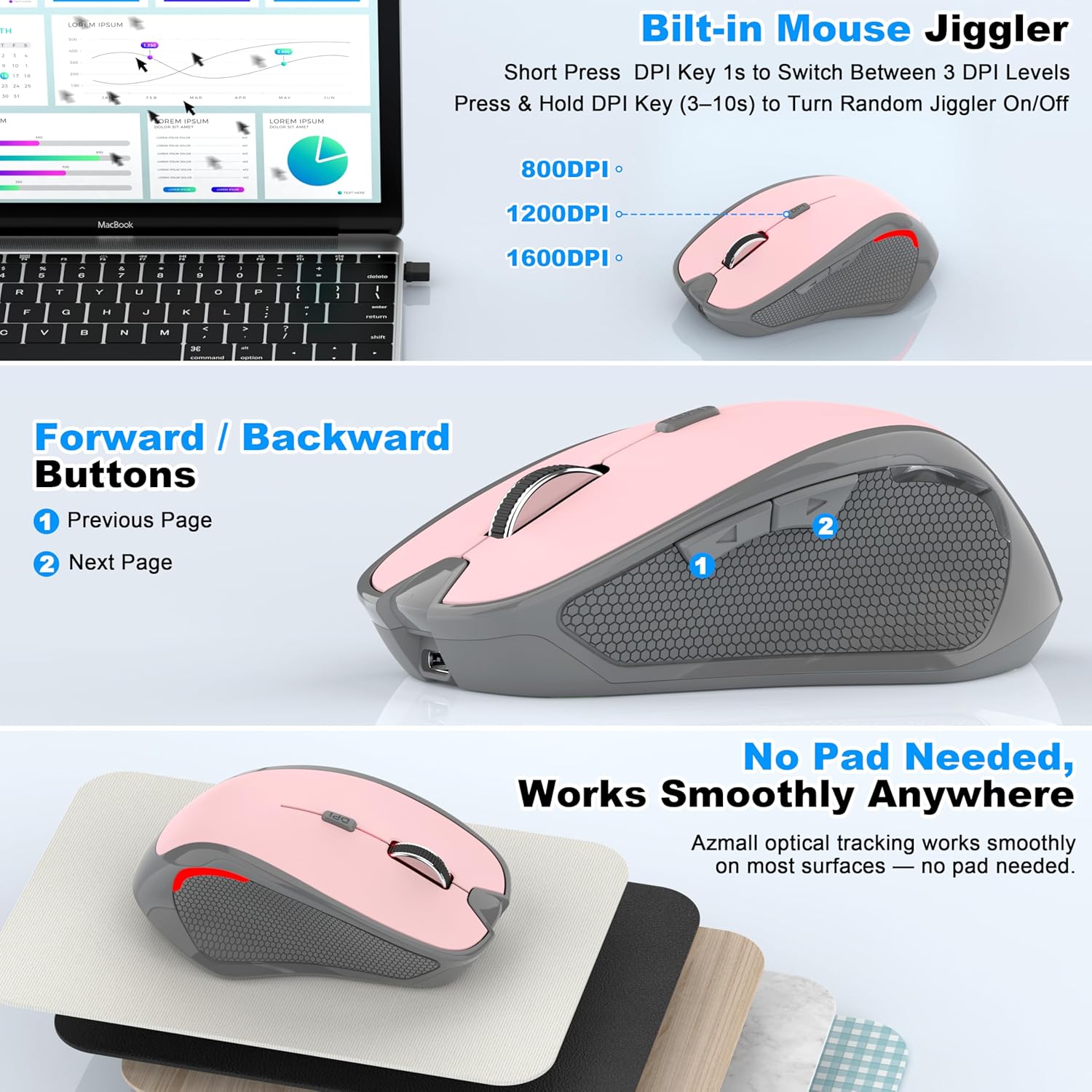 Thumbnail 4 de Azmall Ergonomische Silent-Funkmaus (2,4 GHz & Bluetooth) mit 3 DPI-Stufen und integriertem Mouse Jiggler – Hellrosa