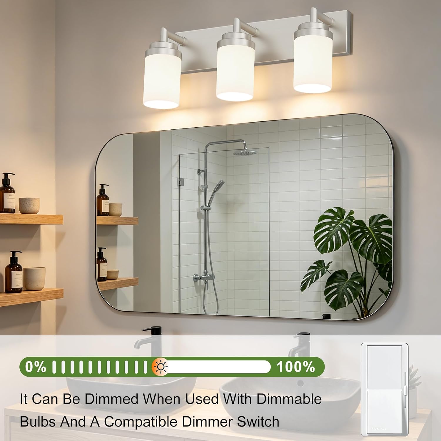 Detalle 2 de LKHF Vanity light 3-Light Bathroom Vanity Fixture, Brushed Nickel, White Glass