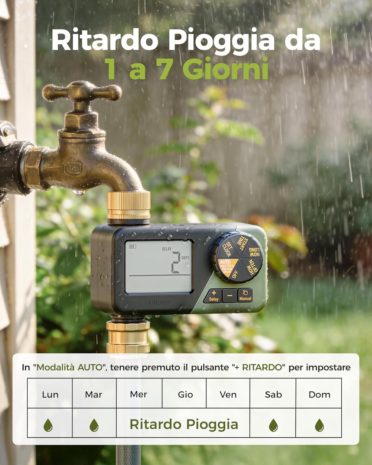 Detalle 2 de Diivoo Ottone Centralina Irrigazione IP66: Timer con Display LCD e Ritardo Pioggia