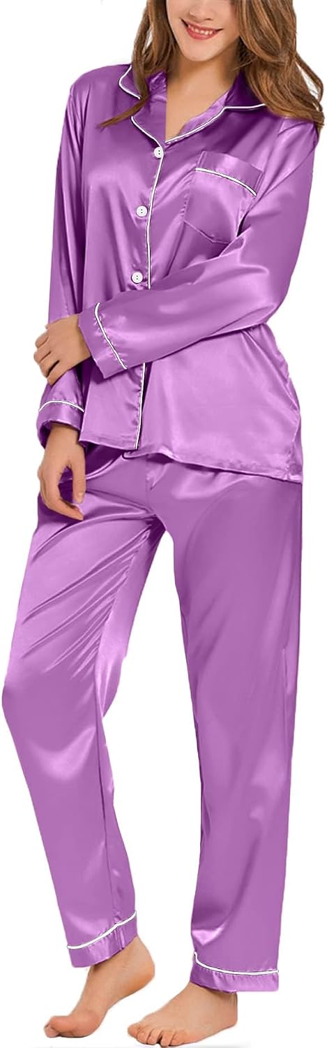 Detalle de SWOMOG Women's Silk Satin Long Sleeve Two-Piece Pyjama Set