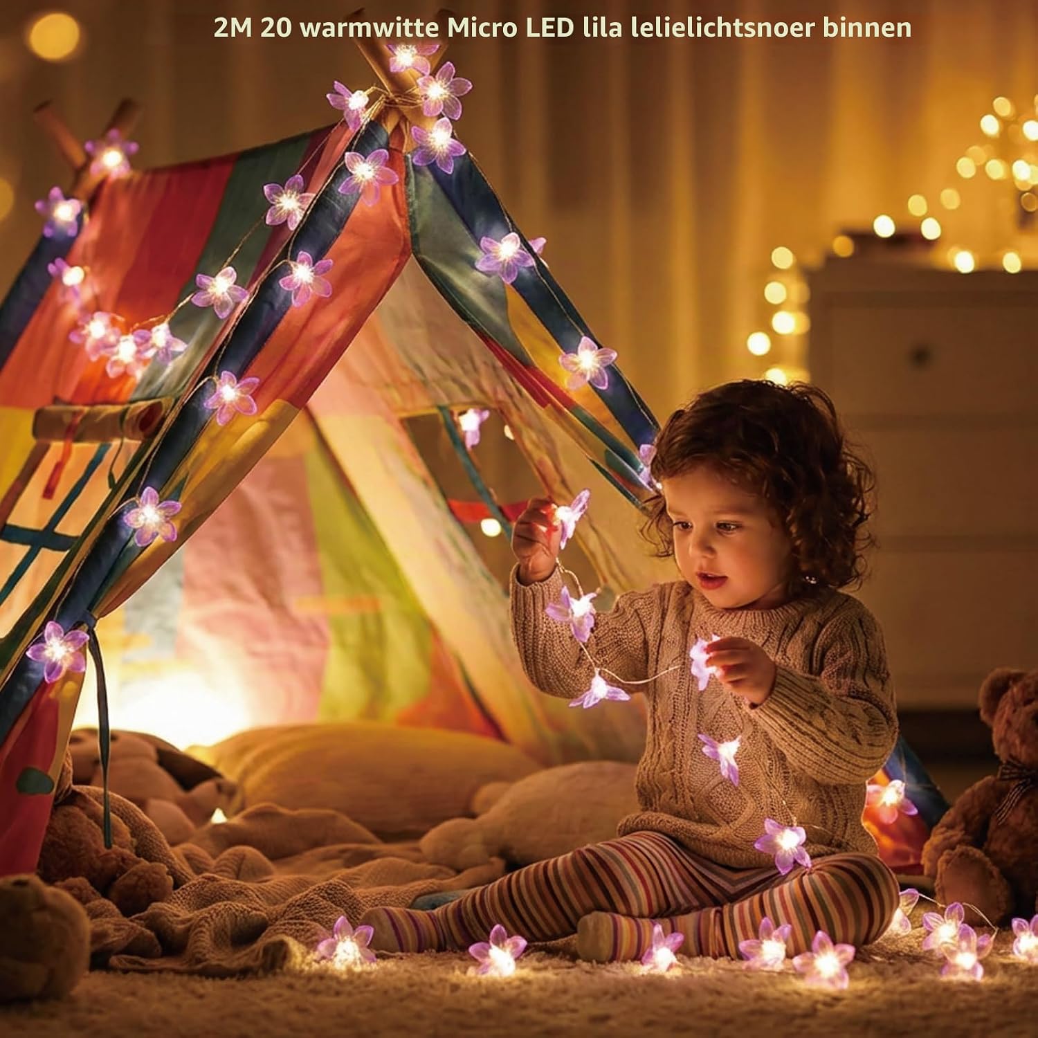 Detalle 2 de Afaiup ZY-2AAB-20L LED-lichtsnoer met lila lelies, 2 m en 20 warmwitte leds