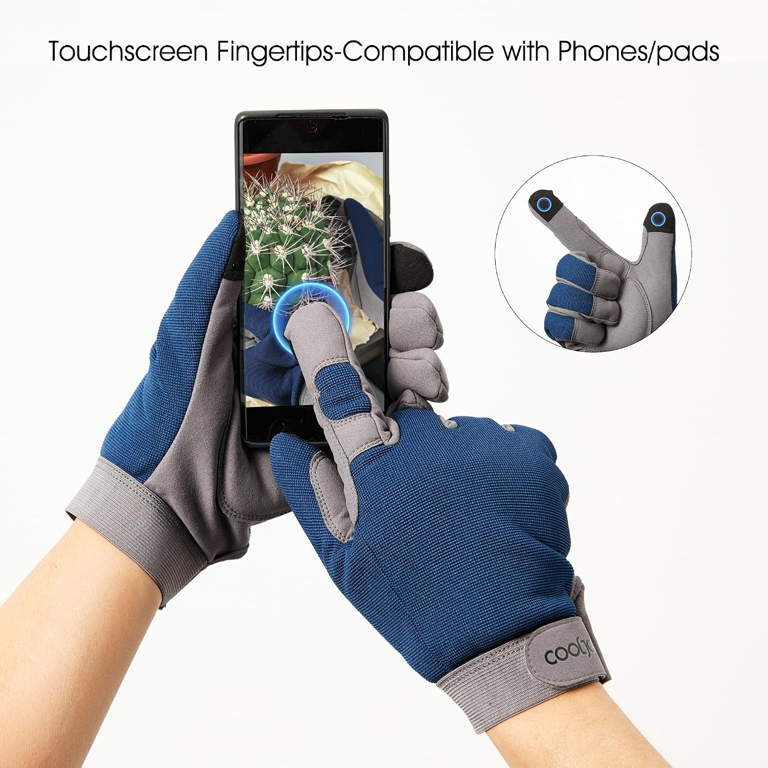 Detalle 2 de COOLJOB Touchscreen-Gartenhandschuhe (durchstichsicher), gepolstert mit Klettverschluss – Navy, XL (1 Paar)