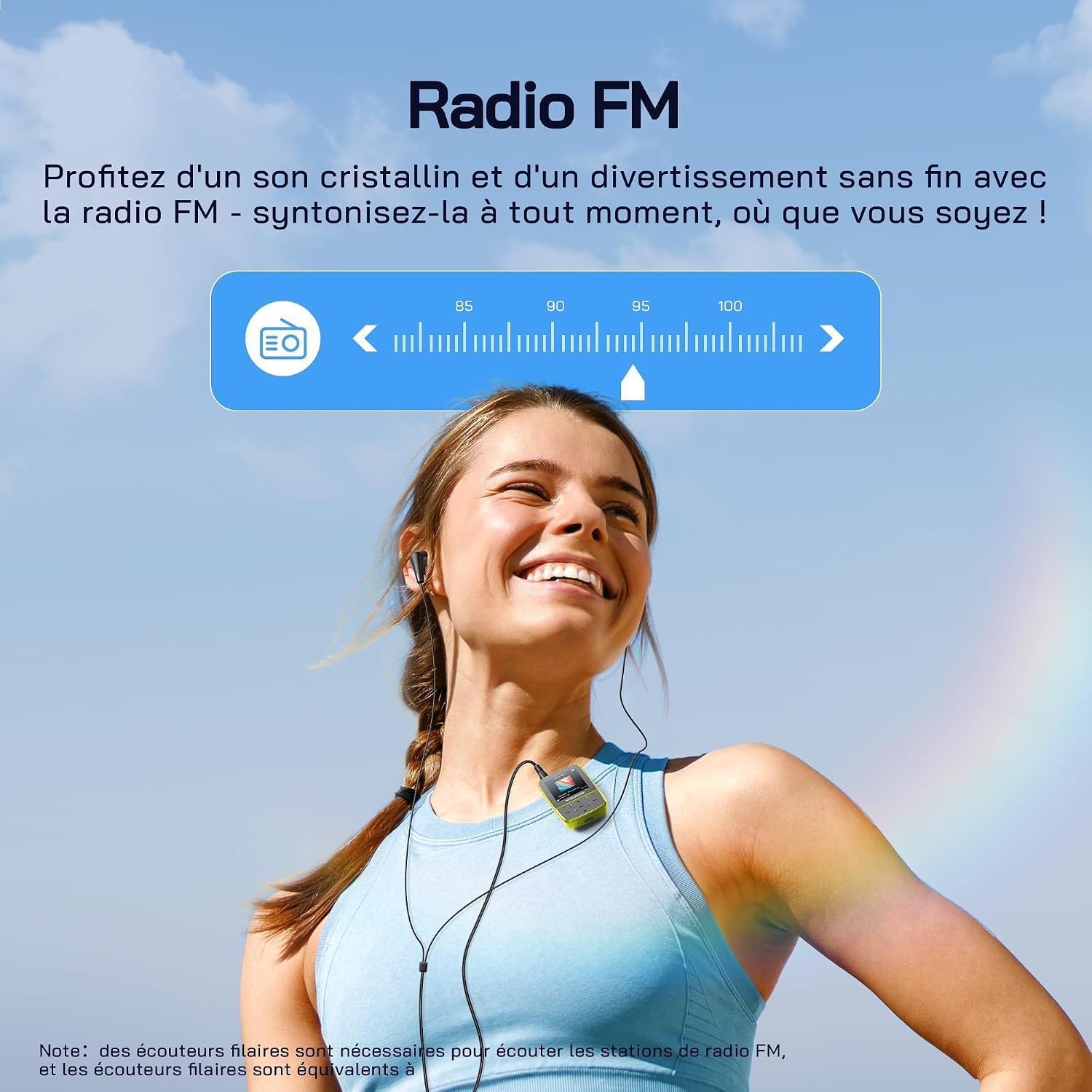 Detalle 2 de WOLFANG Lecteurs MP3 avec Bluetooth 5.2, Clip Sport — Mini, 28 g, FM HiFi, Écouteurs Inclus