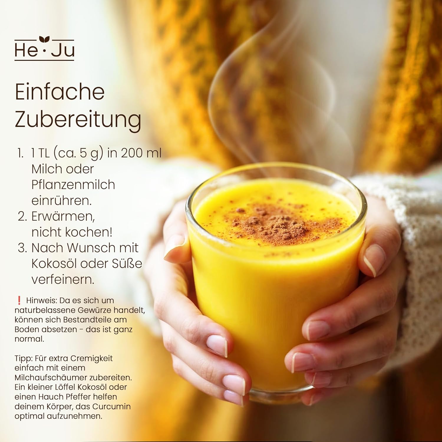Thumbnail 4 de He-Ju Bio Goldene Milch Pur 300 g (60 Portionen) – Kurkuma, Ingwer & Ceylon Zimt, ohne Pfeffer und ohne Zucker