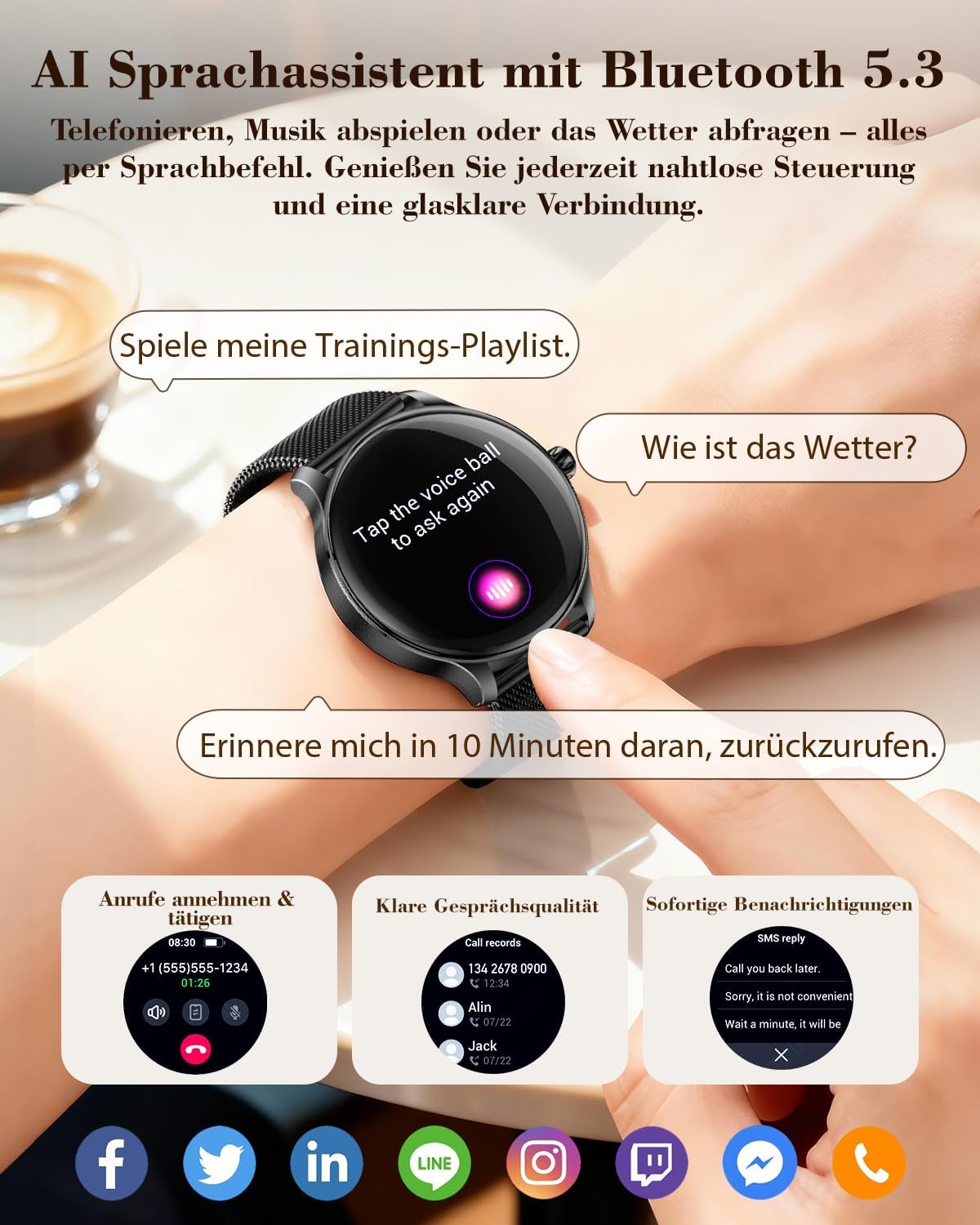 Detalle 2 de WalkerFit Smartwatch Damen Rund 1,43" AMOLED – 120+ Sportmodi, IP68, kabelloses Laden, Bluetooth Anrufe