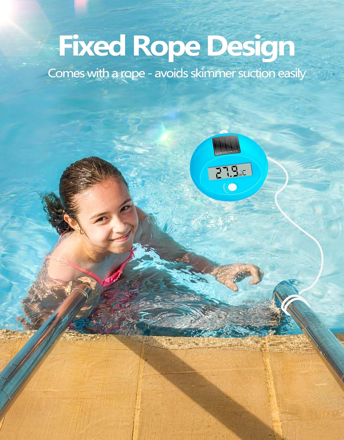 Detalle de PoolLeader Thermomètre Piscine Flottant avec Écran LCD – Charge Solaire et Étanchéité IP68