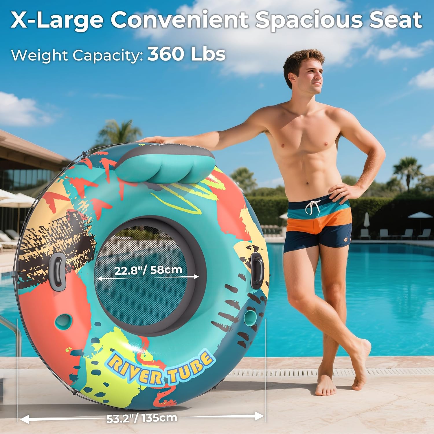 Detalle de 53-Inch Heavy-Duty River Tube Float for Adults with Built-In Cup Holders and Ergonomic Backrest