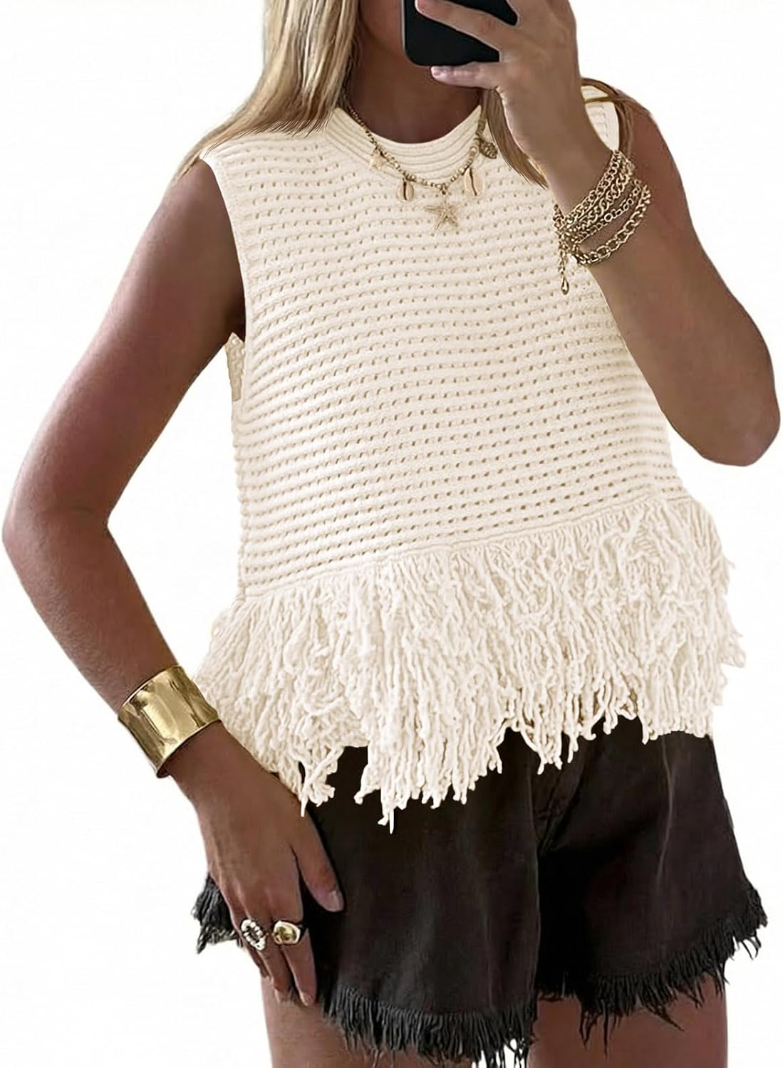 Detalle de Saodimallsu Women's Crochet Fringe Tank Top: Boho Knit Sleeveless Vest for Summer
