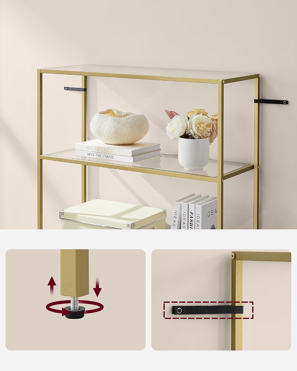 Detalle de VASAGLE LGT503A01 glashylla med 6 nivåer i härdat glas och guldfärgad metall