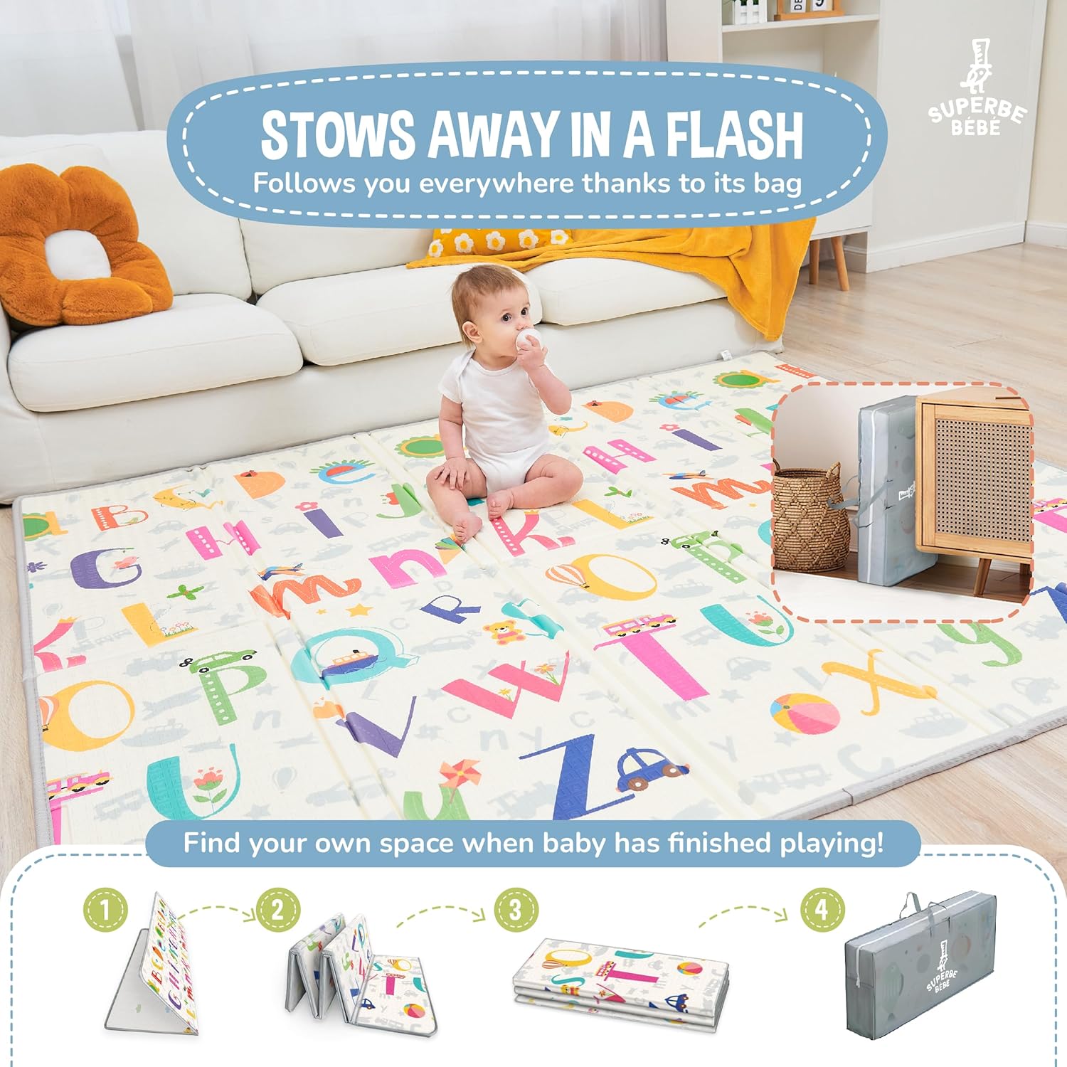 Thumbnail 2 de Tapis d’éveil Bébé SUPERBE BEBE 180x200x1,5 cm - Pliable, Réversible, Antidérapant et Éducatif