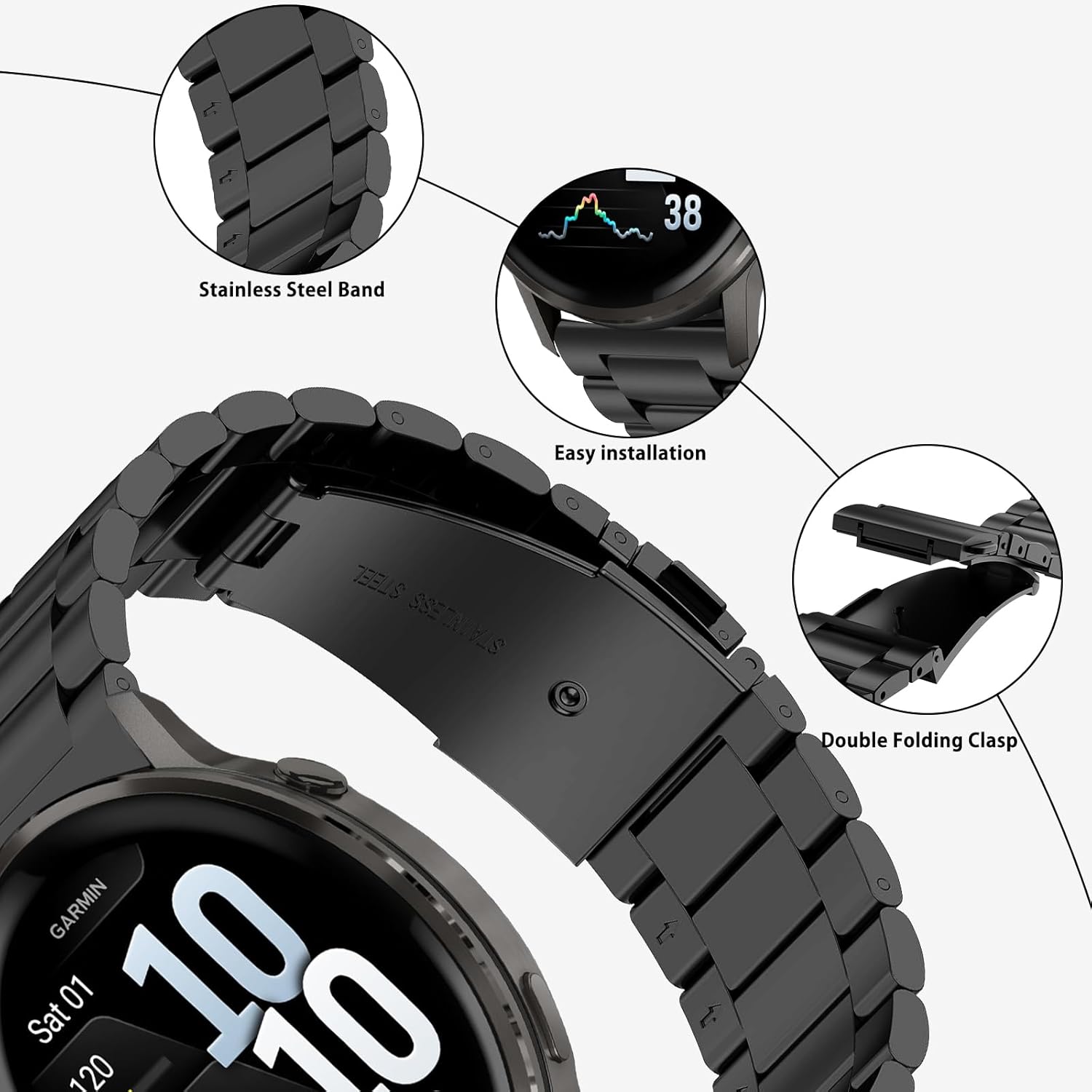 Thumbnail 1 de SumRioo 22mm Stainless Steel Watch Strap for Garmin Venu 4/3/45mm, Forerunner 265/255 Series and Huawei Watch GT 6/6Pro (Black)