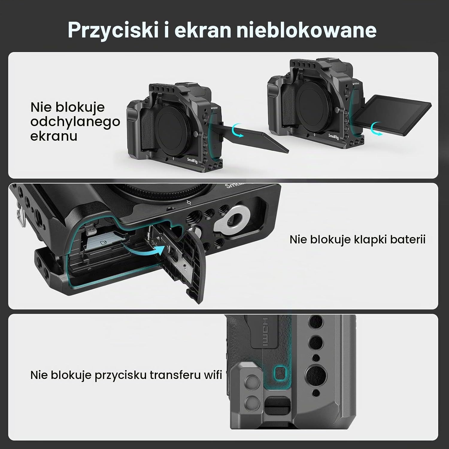 Detalle de SMALLRIG 2168 klatka do Canon EOS M50/M50 II i M5 z uchwytem, szyną NATO i płytką Arca