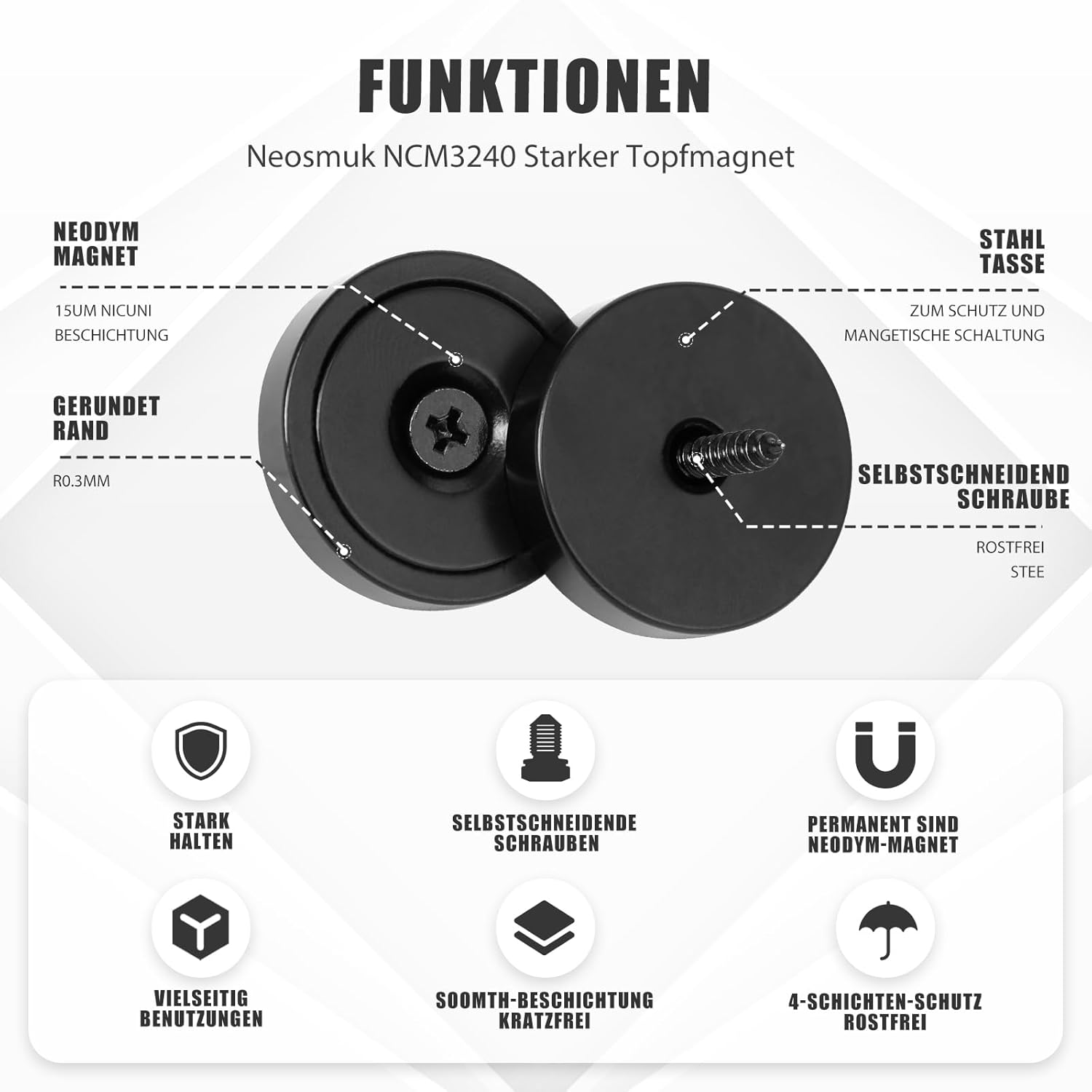 Thumbnail 6 de Neosmuk Neodym Magnet mit Loch, 50 kg Extra Stark – Runde Befestigungsmagnet mit Gewinde