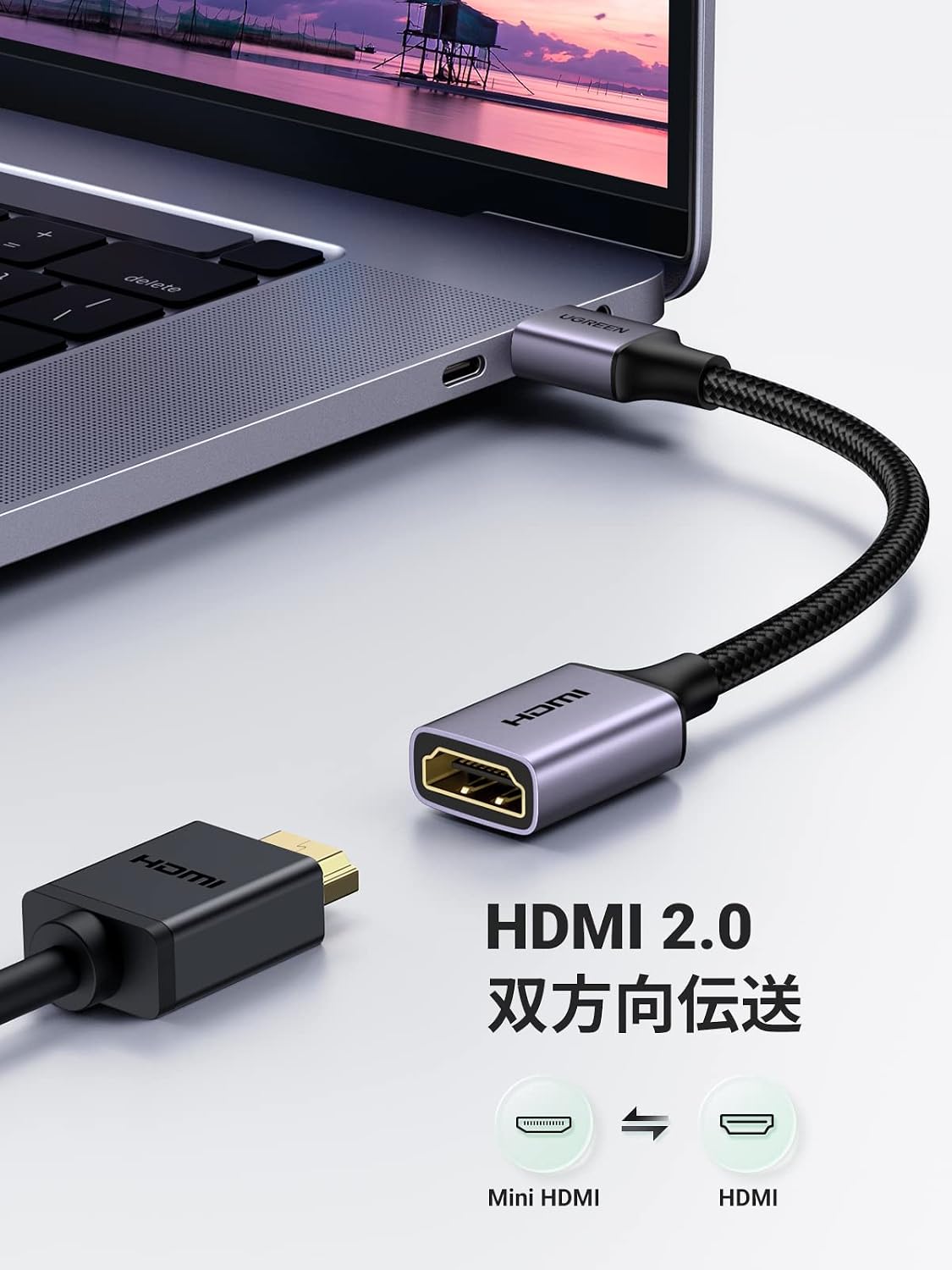 Detalle 2 de UGREEN ミニHDMI-HDMI変換アダプター 4K@60Hz対応・25cm延長ケーブル