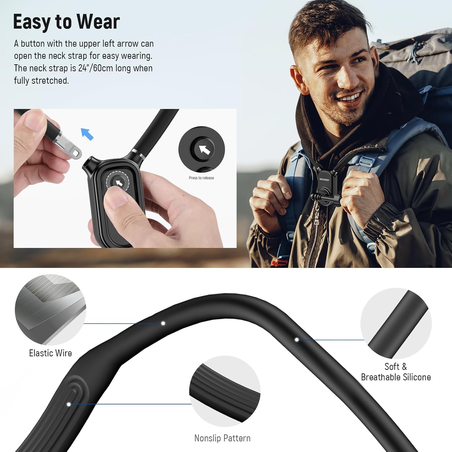 Thumbnail 6 de NEEWER Magnetic Neck Mount with Pocket 3 Cage for POV filming (Hero 13/12/11 Max, DJI Action 5 Pro, Insta360 Osmo Pocket 3)