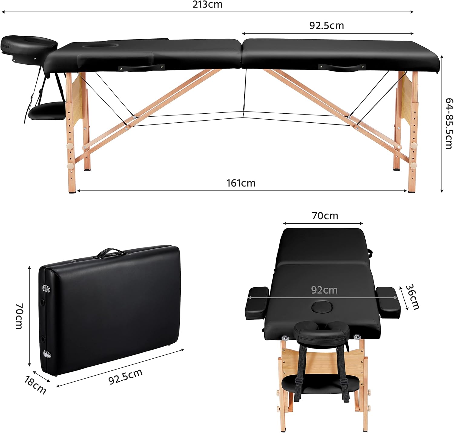 Thumbnail 2 de Yaheetech Mobile Massagetisch 2 Zonen – 70 cm Breite, höhenverstellbar, klappbar mit Tragetasche (schwarz)