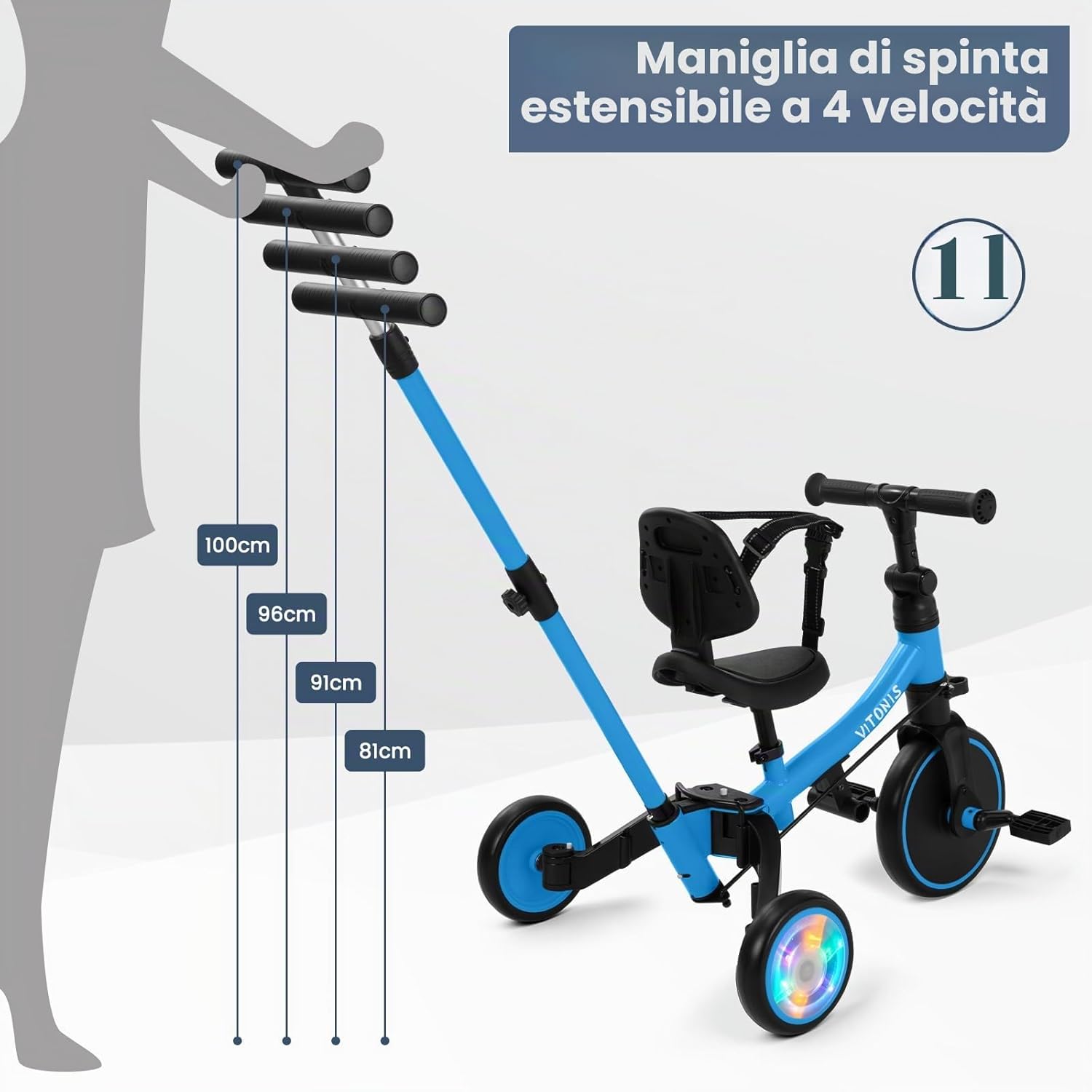 Thumbnail 4 de VITONIS Triciclo 5 in 1 per bambini 18 mesi-5 anni blu con ruote lampeggianti