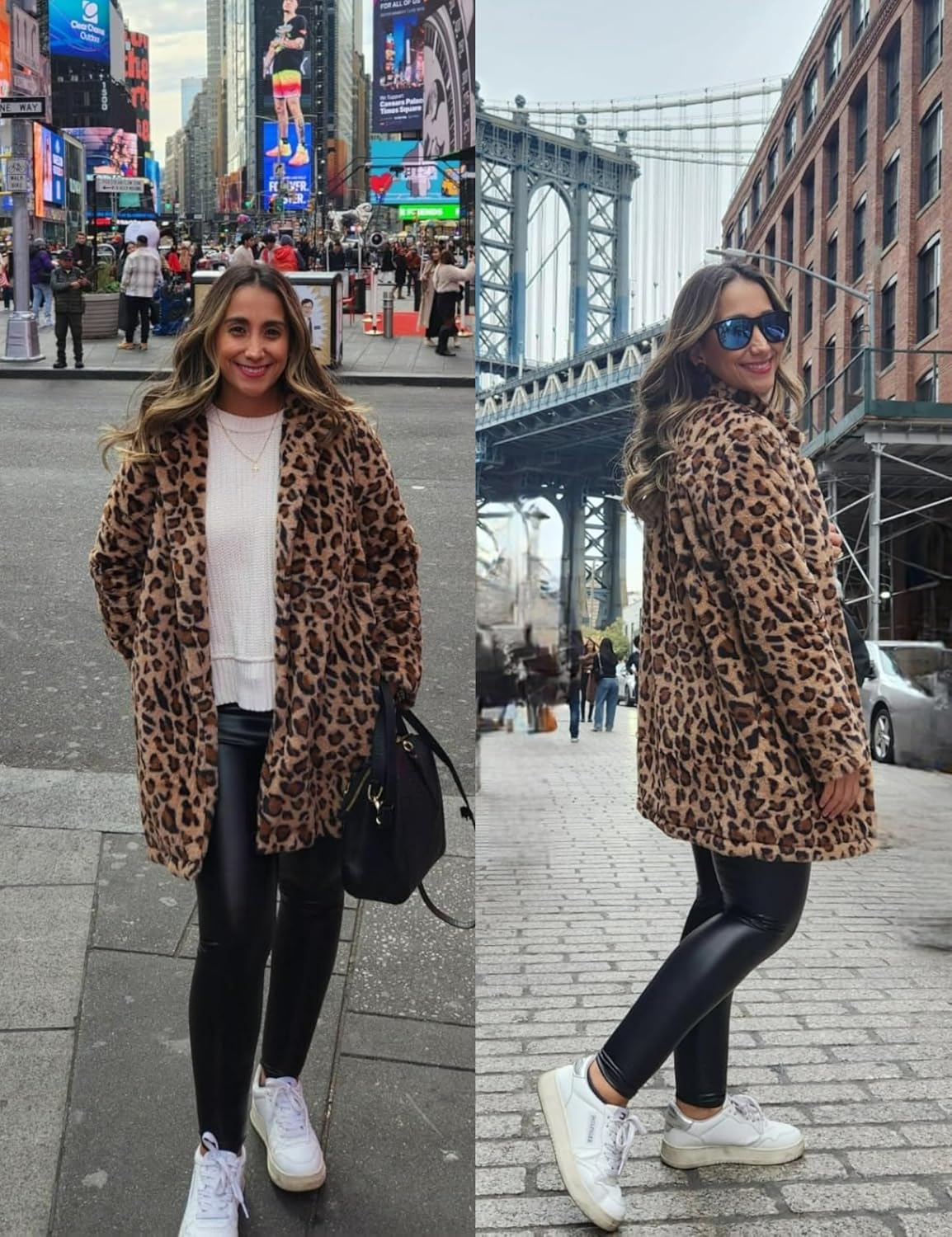 Detalle de Omoone Women's Leopard Faux Fur Coat, Open Front, Lined, with Pockets