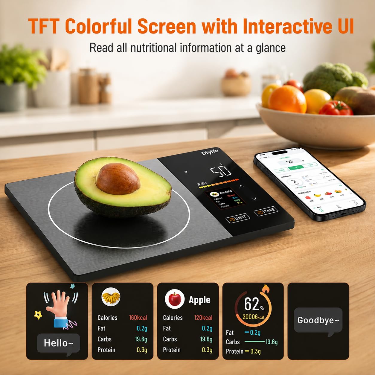 Detalle 2 de Diyife UKHMK27 Smart Food Scale with TFT Display and 25-Nutrient Tracking