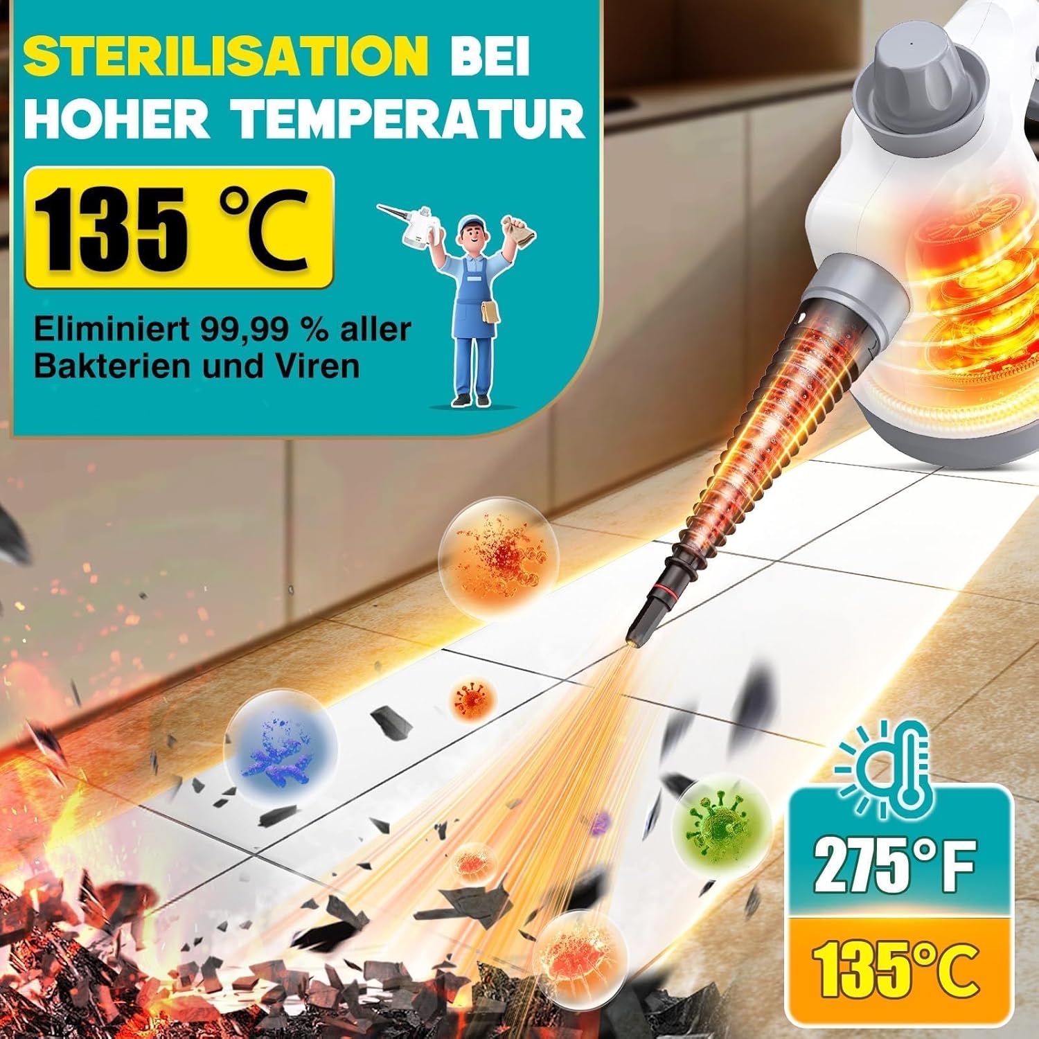 Detalle de Rolipo Dampfreiniger Handgerät mit 12-Teiligem Zubehör – 1050W, 135°C, chemiefrei reinigen