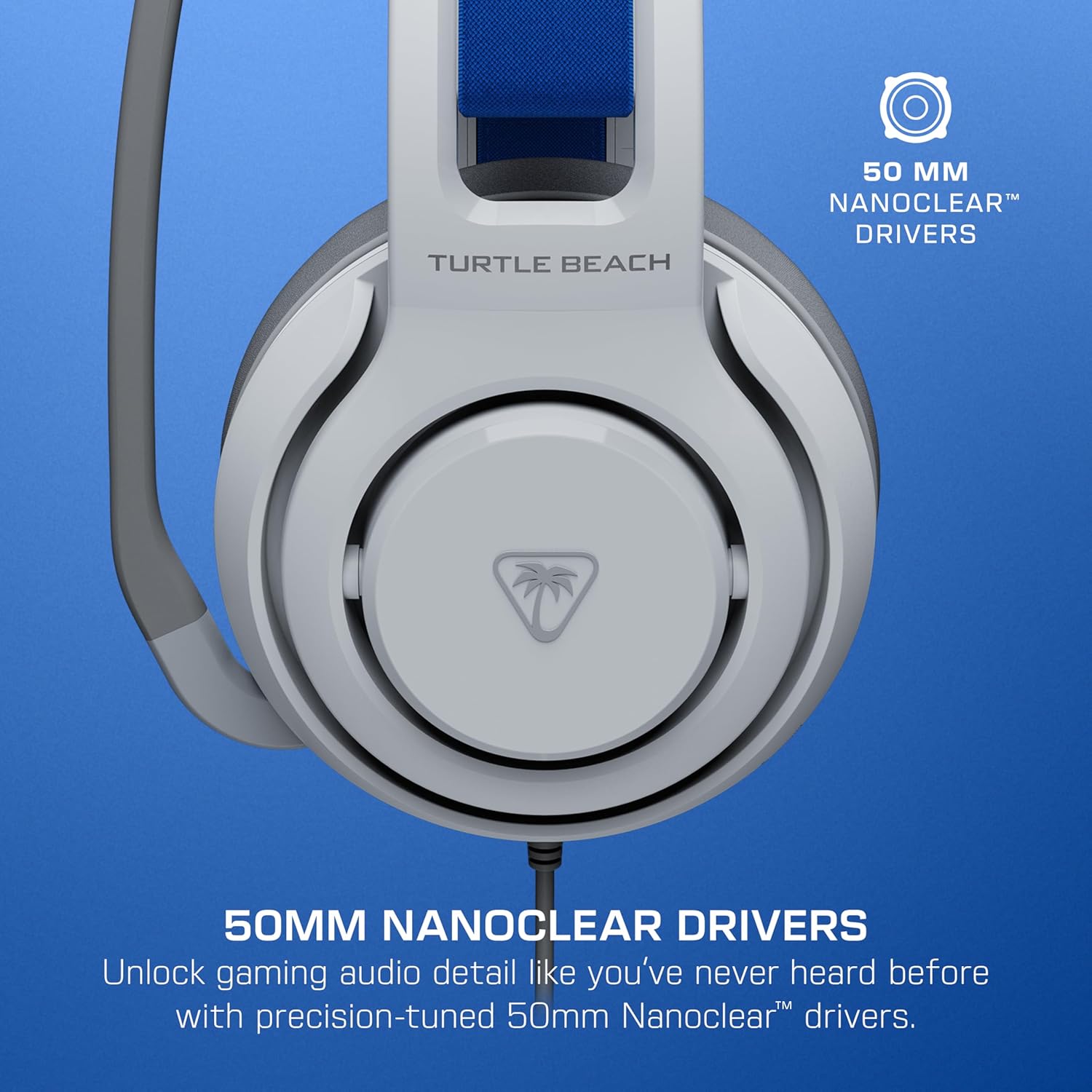Detalle de Turtle Beach Atlas 200 Blanc sous licence PlayStation : casque gaming filaire avec transducteurs Nanoclear 50 mm
