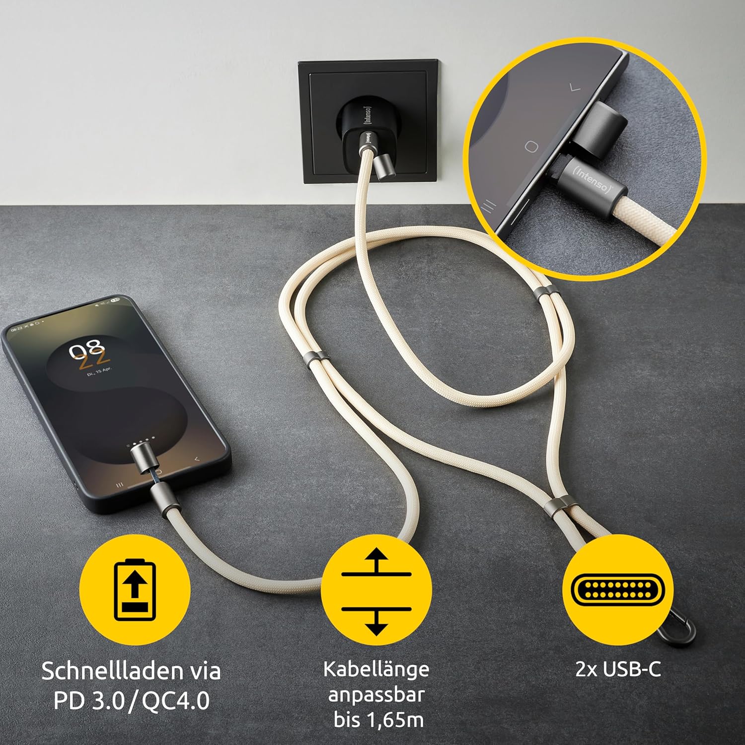 Thumbnail 3 de Intenso USB‑C Lade- und Datenkabel Handykette (60 W, 480 Mbit/s, PD 3.0/QC 4.0), 1,65 m – beige