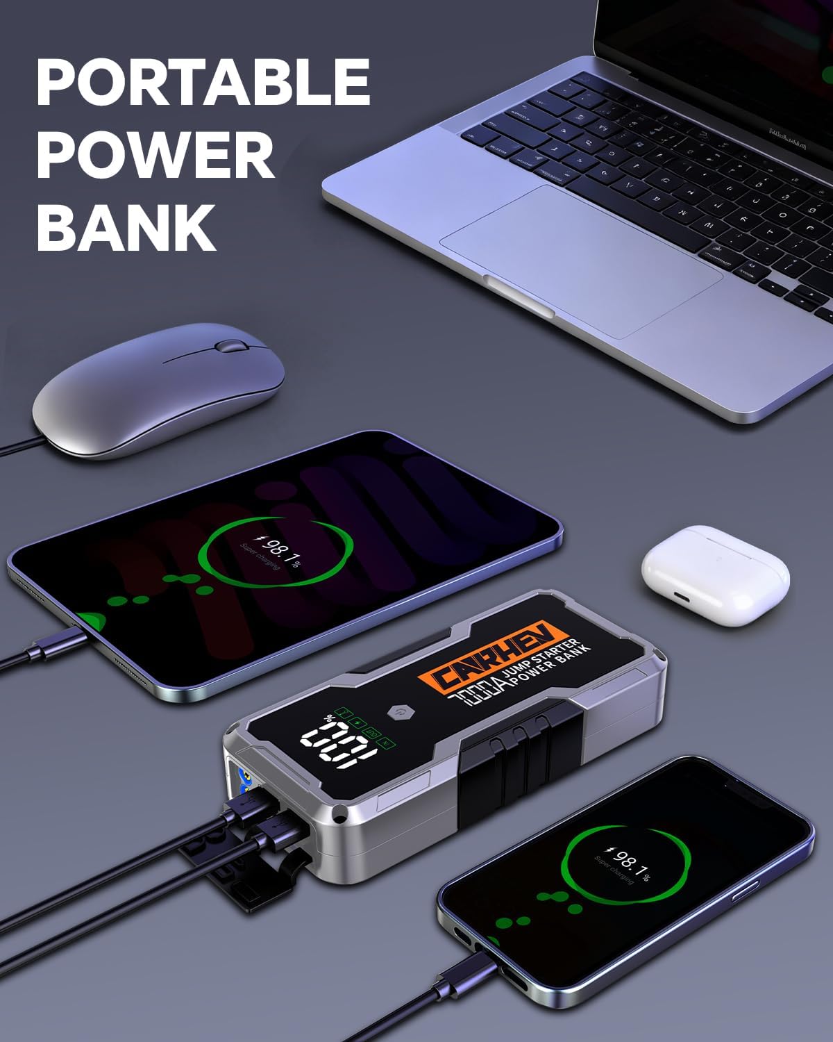 Detalle de CARHEV 7000A Jump Starter Power Pack: 12V Battery Booster with USB Power Bank
