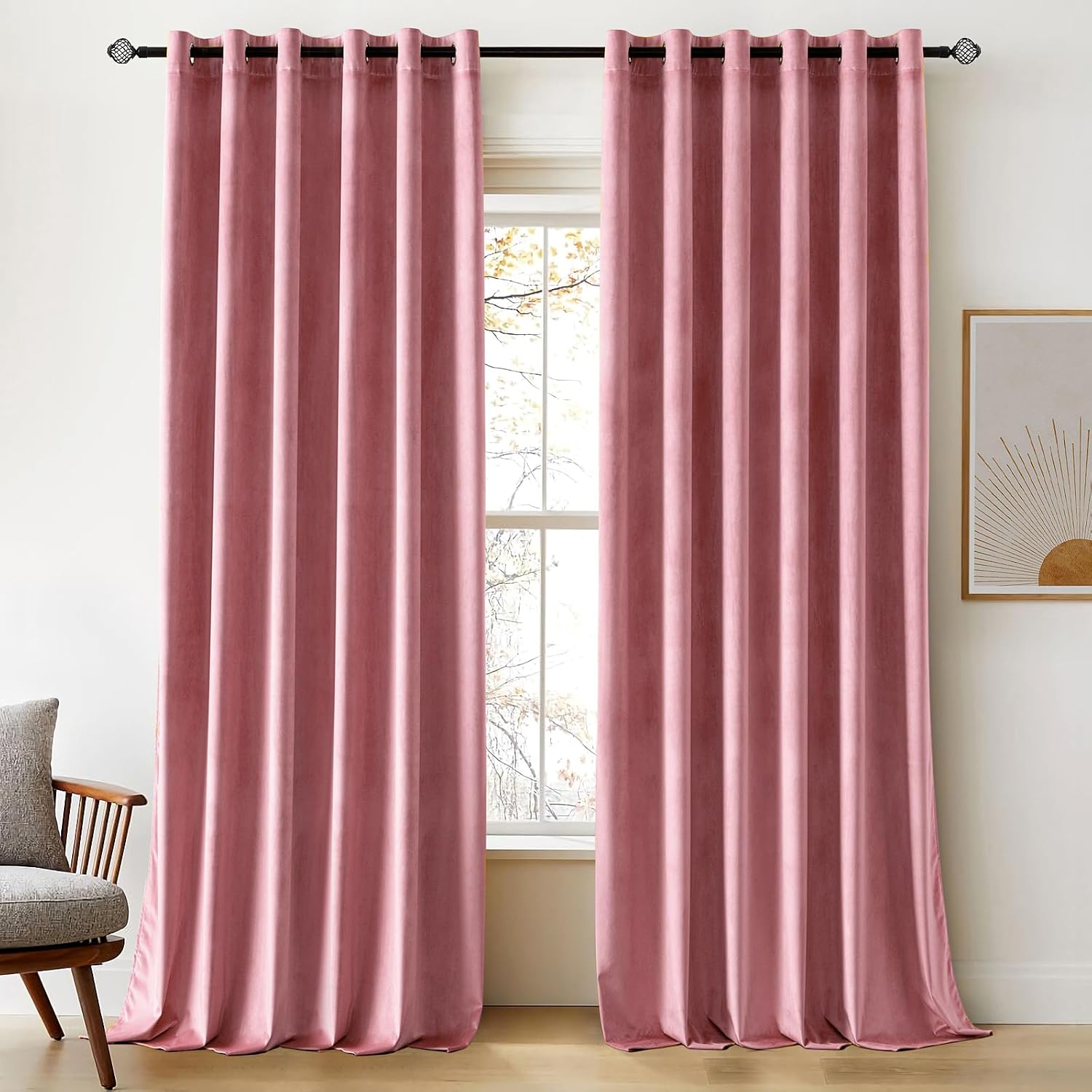 Detalle de Woaboy Velvet Curtains 90 Drop Blush Pink (2 Panels) Thermal Blackout Eyelet Drapes