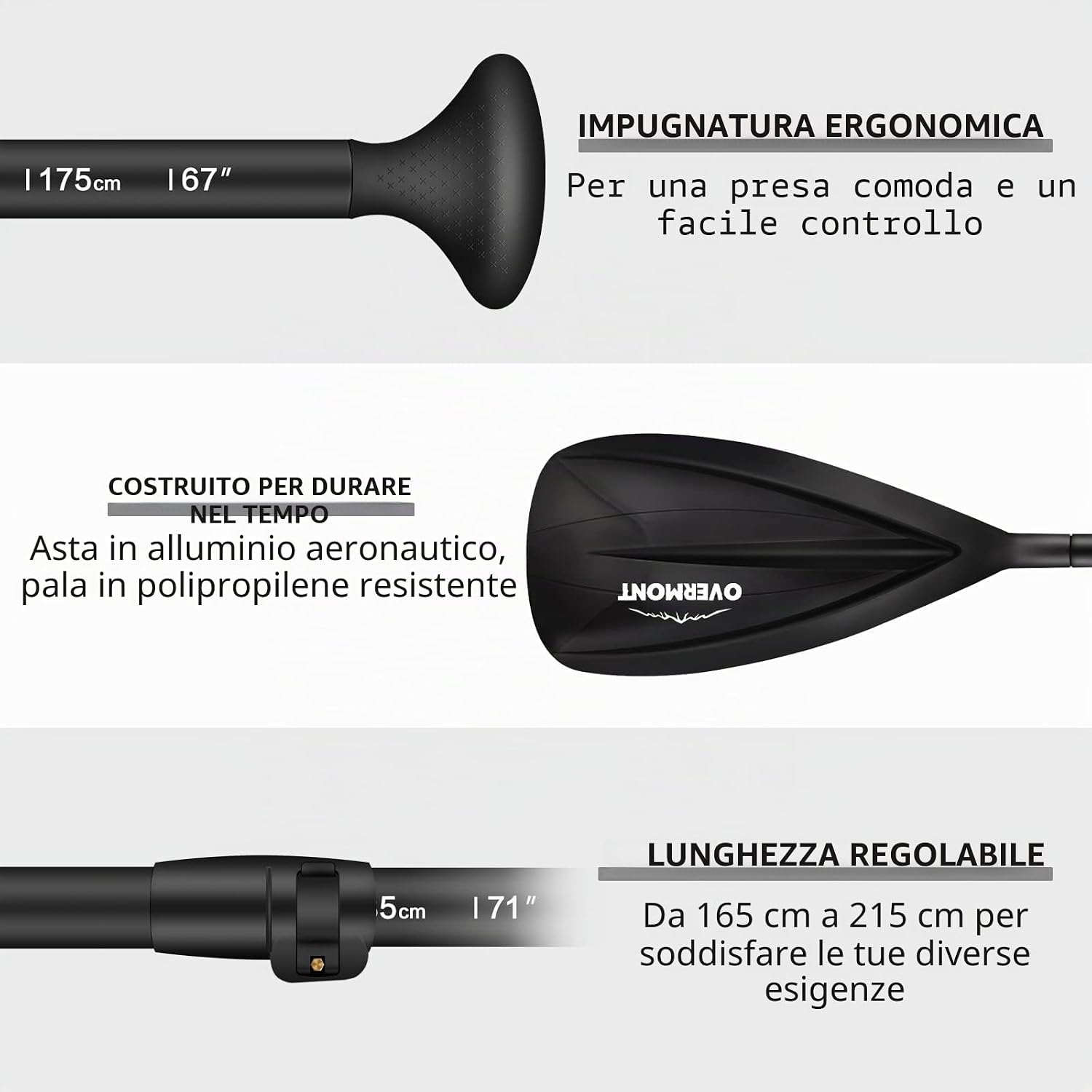 Detalle de OVERMONT Paddle SUP in alluminio, 3 pezzi regolabile – pala completa per Stand Up Paddle