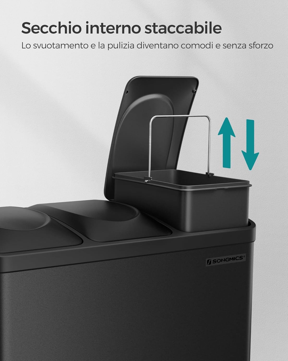 Detalle de SONGMICS LTB45B Cestino da cucina triplo a pedale in metallo 45 L (3 x 15 L) con coperchio