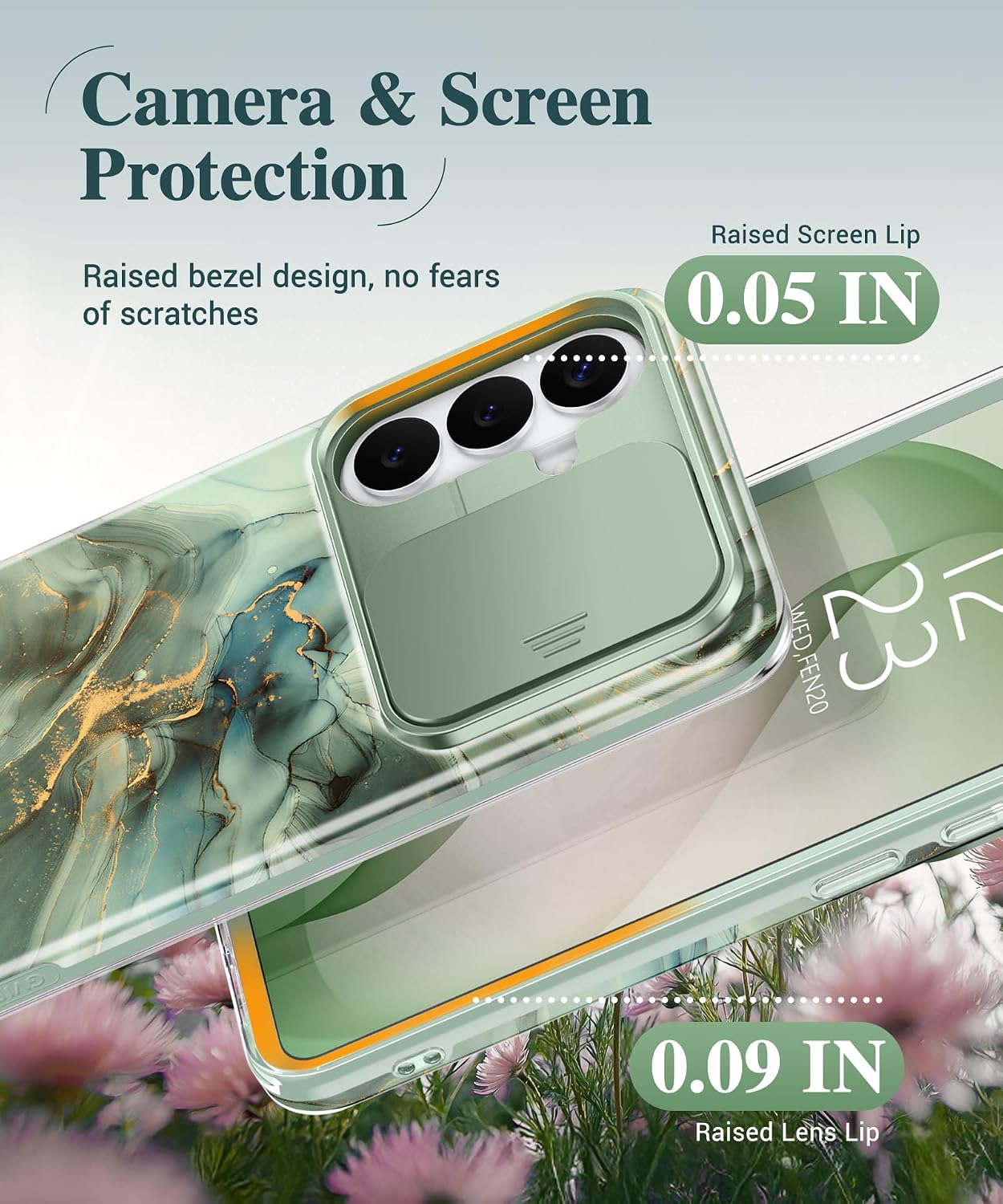 Detalle de GVIEWIN Marble Case for Samsung Galaxy S26 Plus (6.7") with Slide Camera Cover, Front Frames, and HD Screen Protector