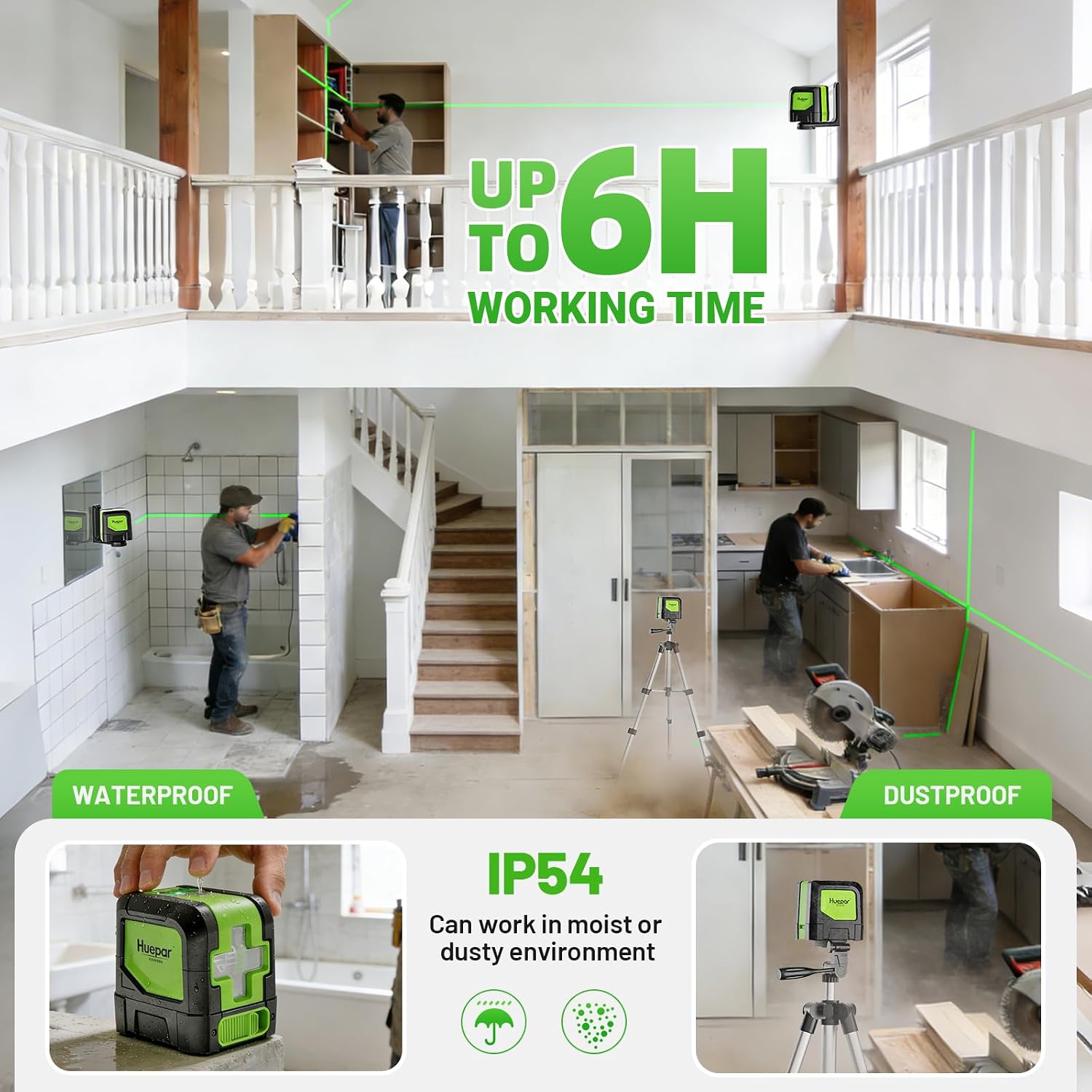 Thumbnail 4 de Huepar 9011T Green Cross Line Laser Level with Tripod, Self-Leveling