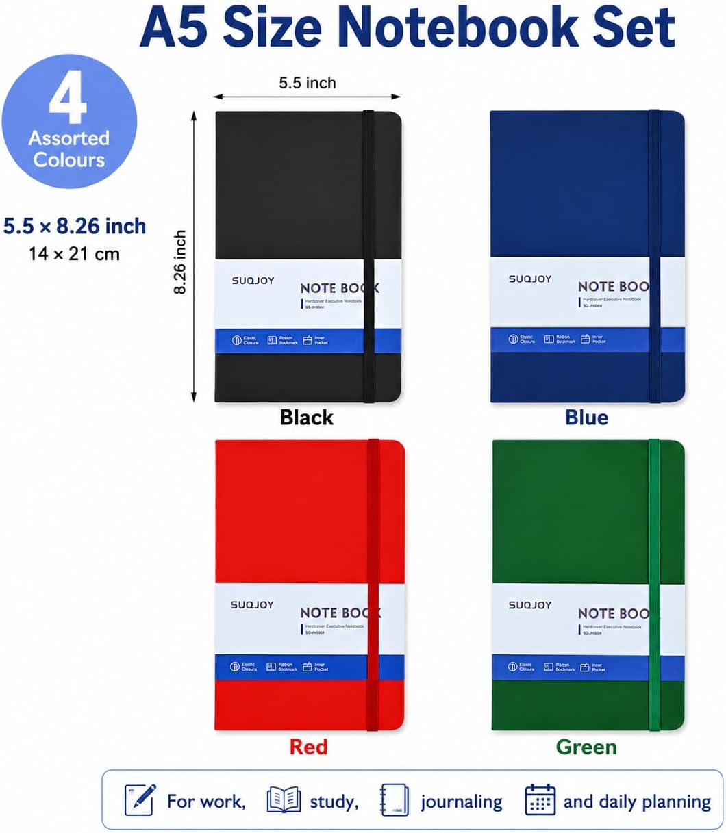Detalle 2 de SUQJOY A5 Lined Hardback Notebook Set (Pack of 4) with Elastic Strap, 140 x 210 mm