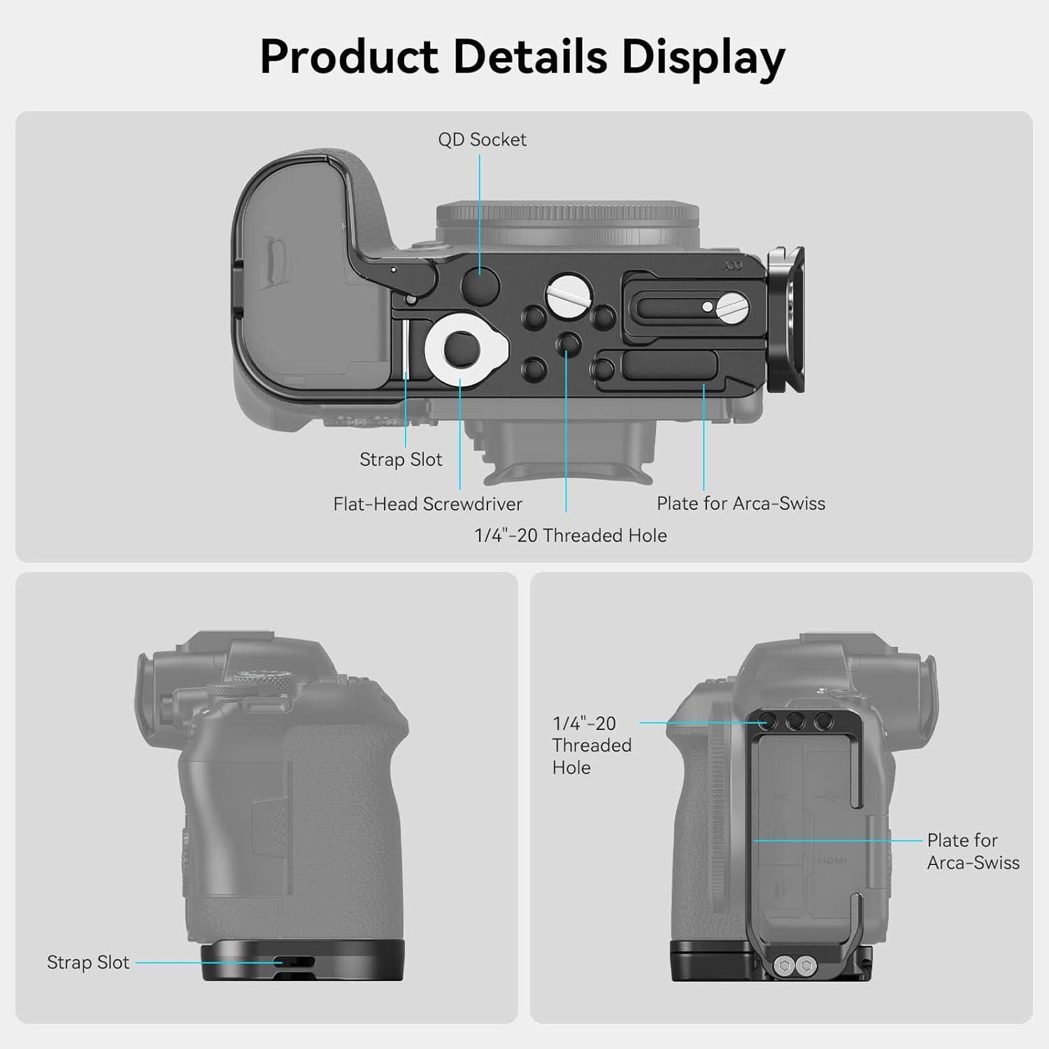 Detalle de SMALLRIG Quick Release L-Bracket 4160B für Canon R6 Mark II / R6 / R5 / R5 C – Arca-kompatible Kamera-L-Platte