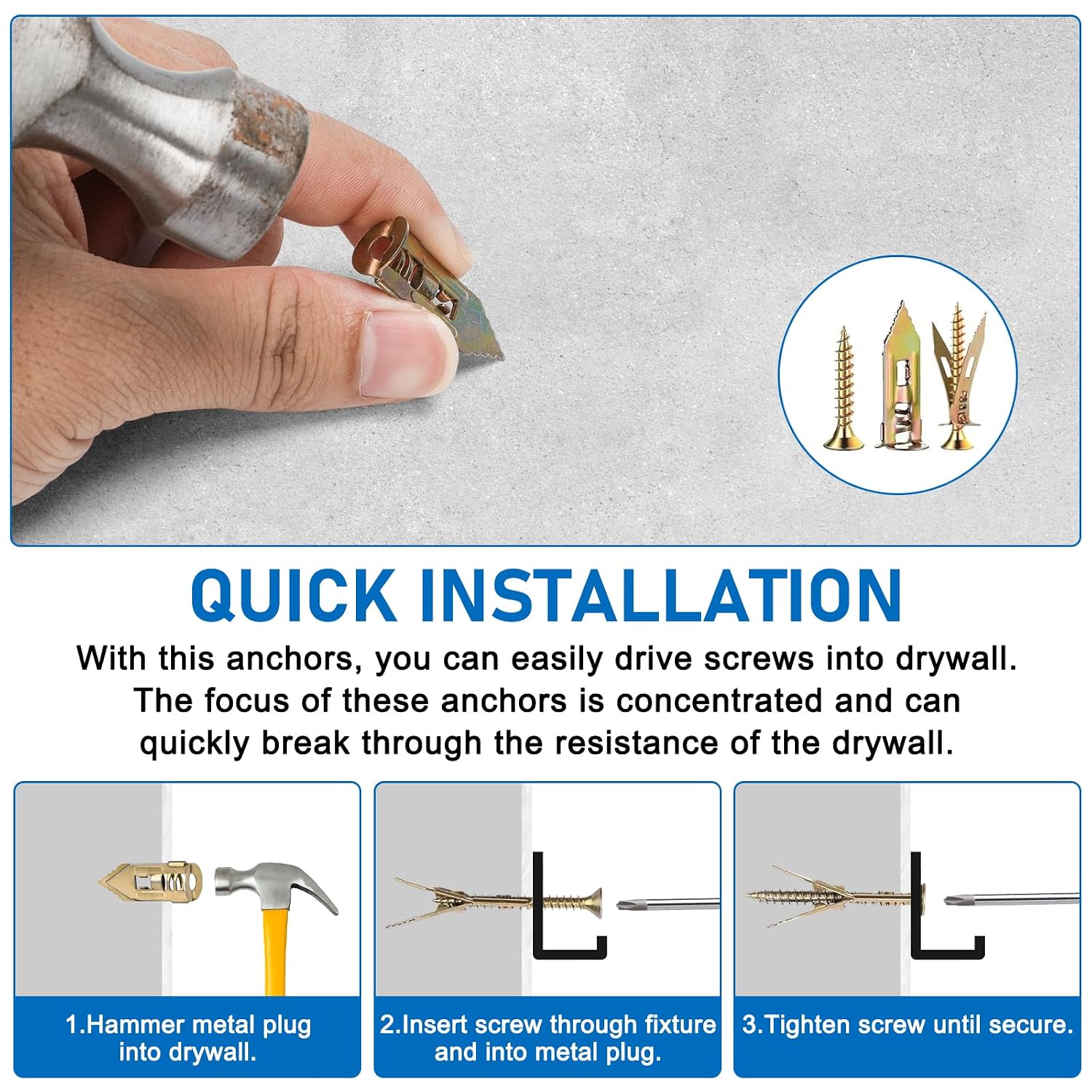 Detalle de Vmuter Drywall Anchors, Zinc-Plated Steel
