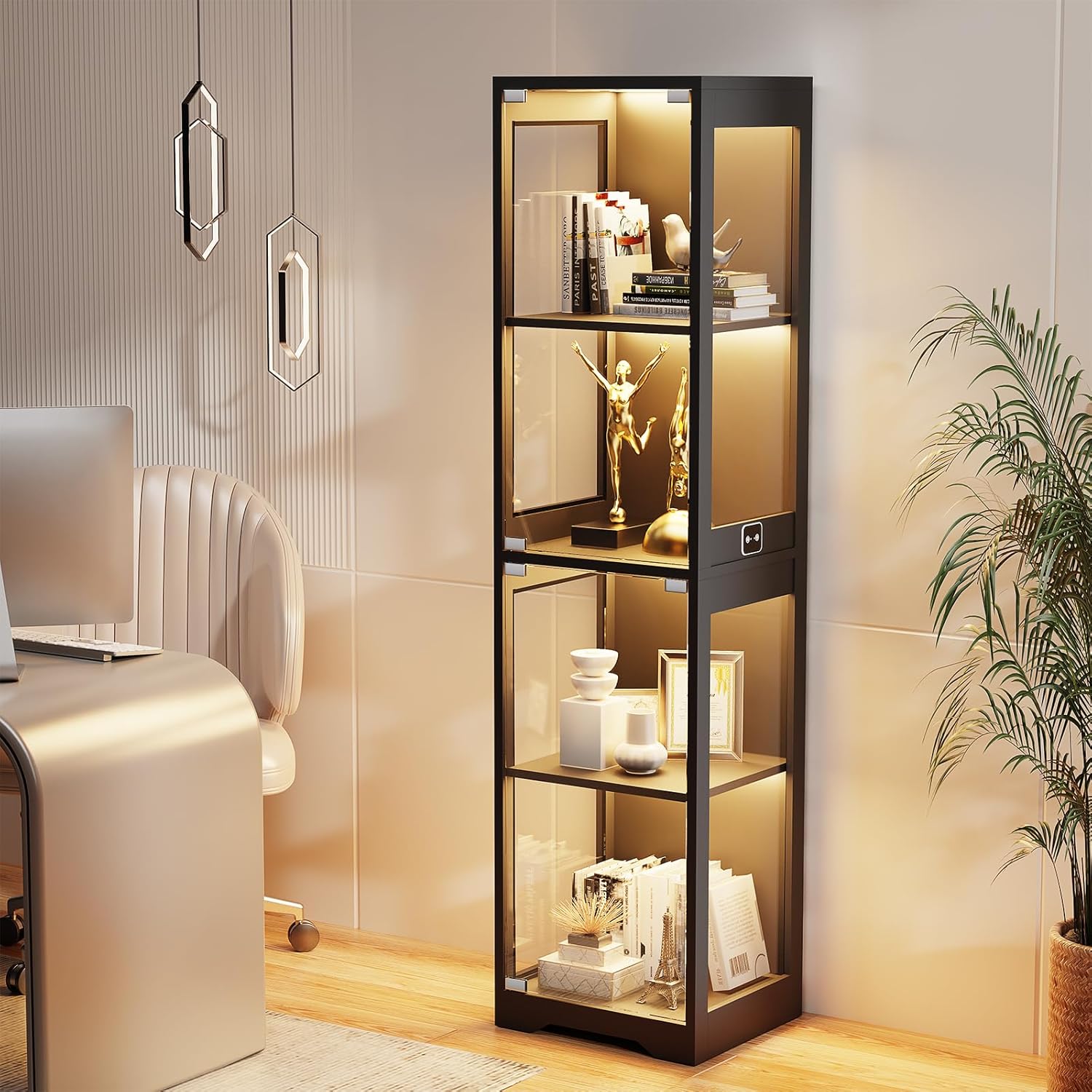 Thumbnail 6 de BROTTAR Glasvitrine mit dreifarbiger LED-Beleuchtung, Glastüren und Körpersensor-System (40 x 35 x 160 cm) – Schwarz